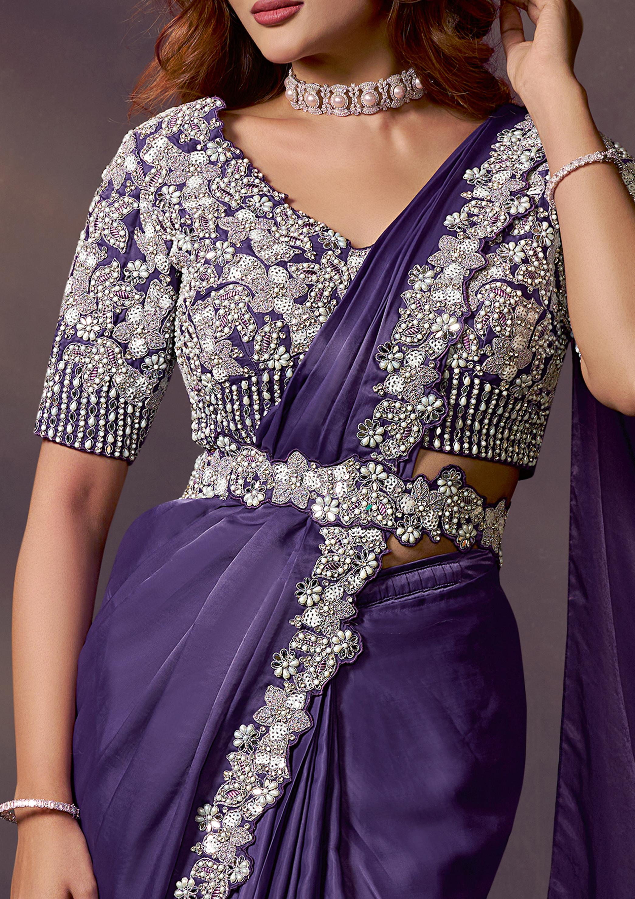 Royal Purple Embellished Satin Silk Draped Saree