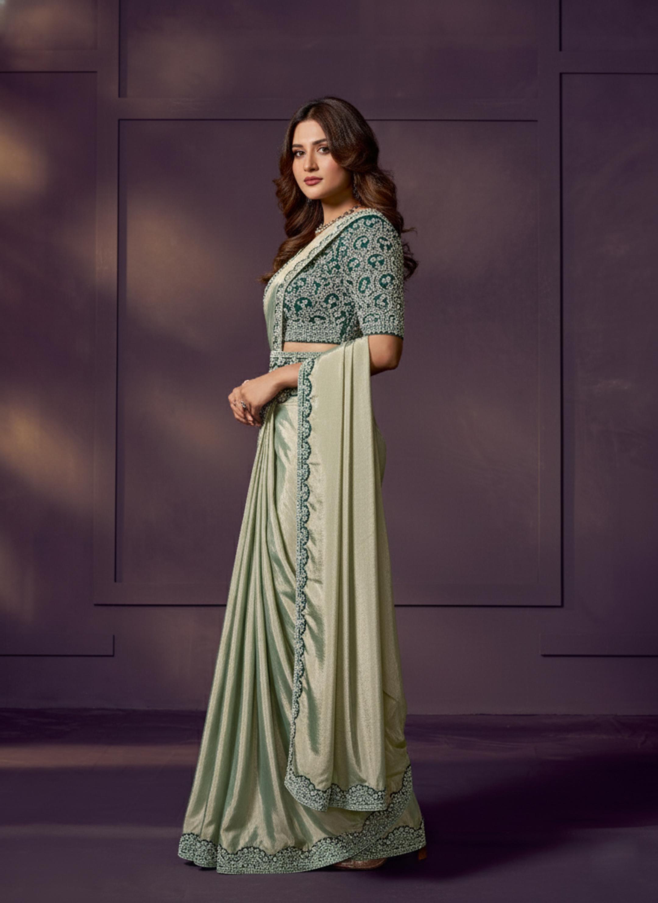 Pista Green Embellished Satin Silk Draped Saree