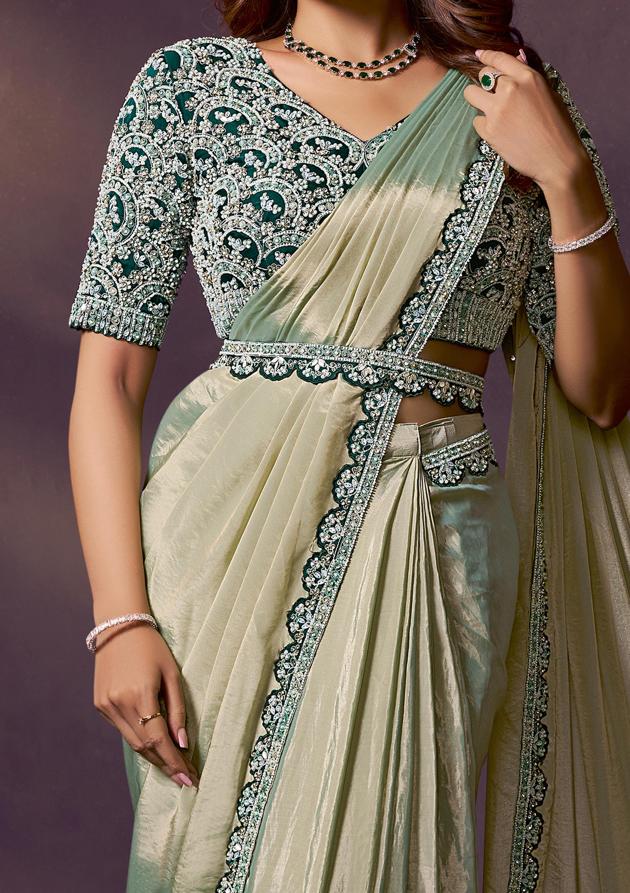 Pista Green Embellished Satin Silk Draped Saree
