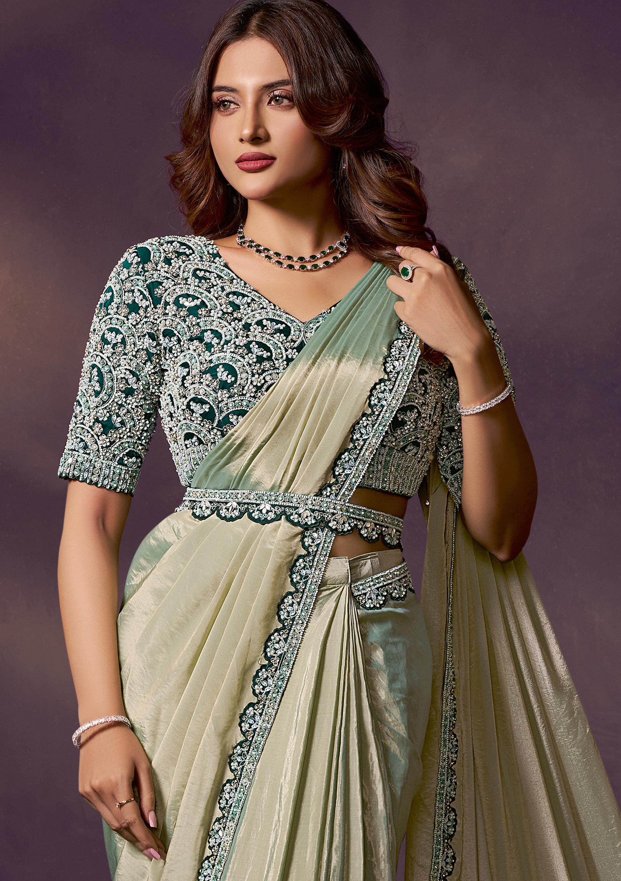 Pista Green Embellished Satin Silk Draped Saree
