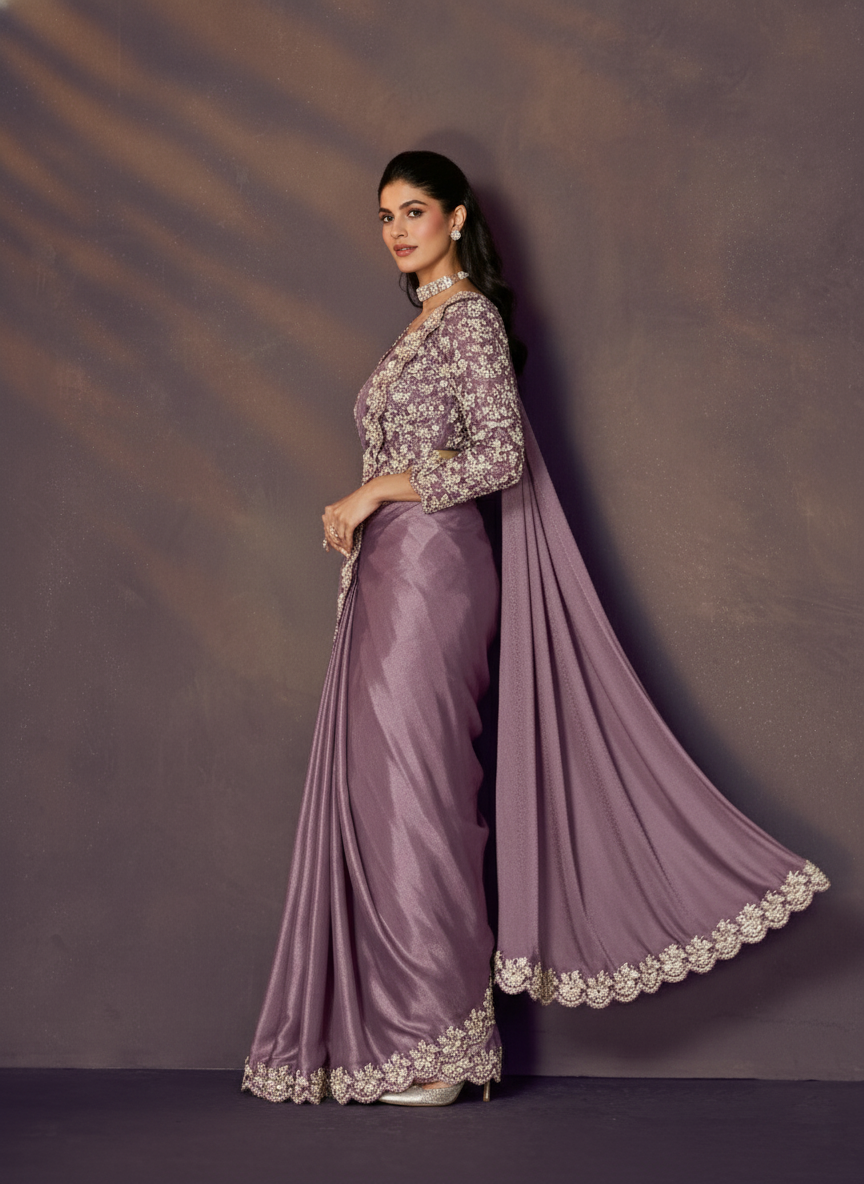 Dusty Lilac Embellished Satin Silk Draped Saree