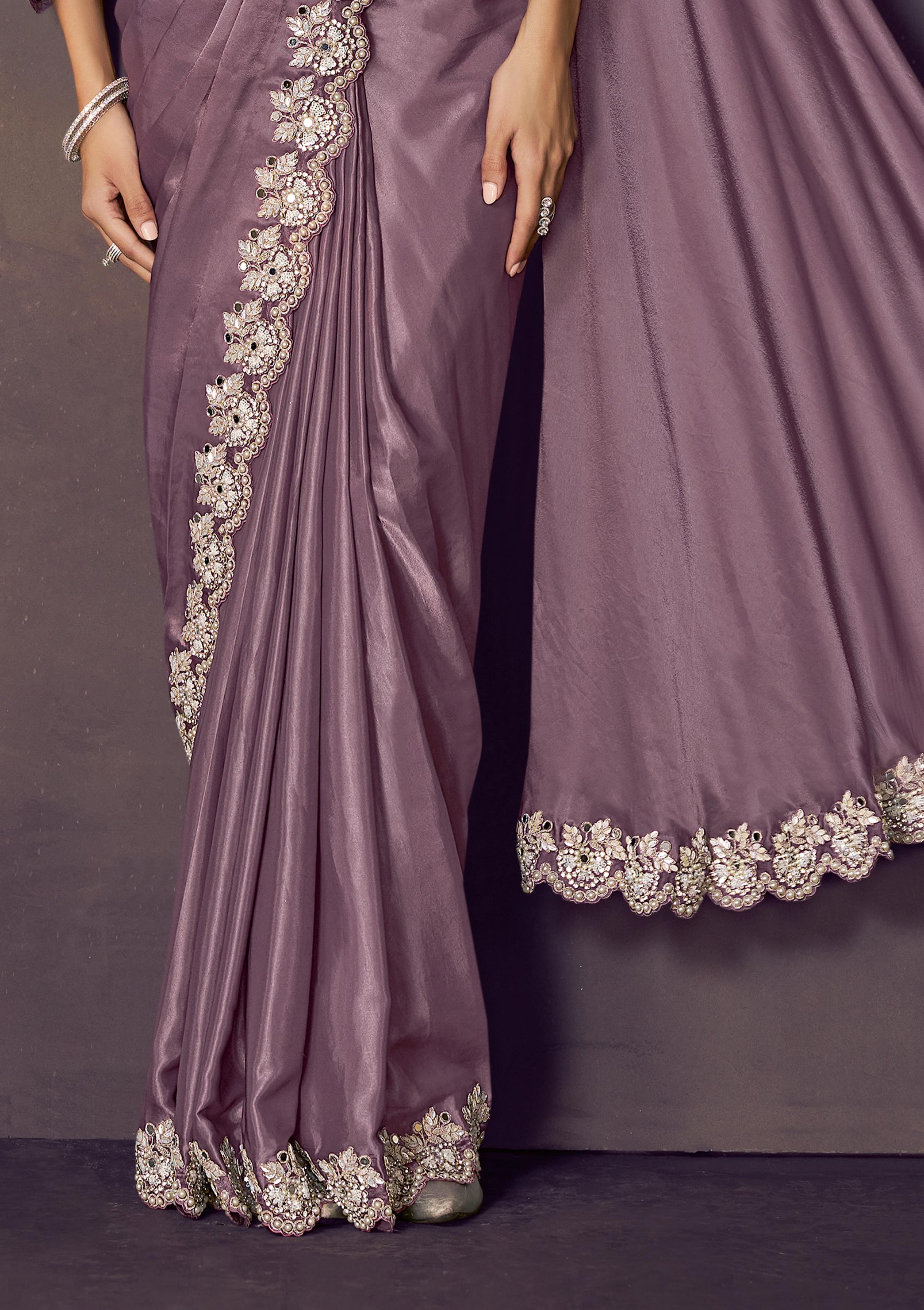 Dusty Lilac Embellished Satin Silk Draped Saree