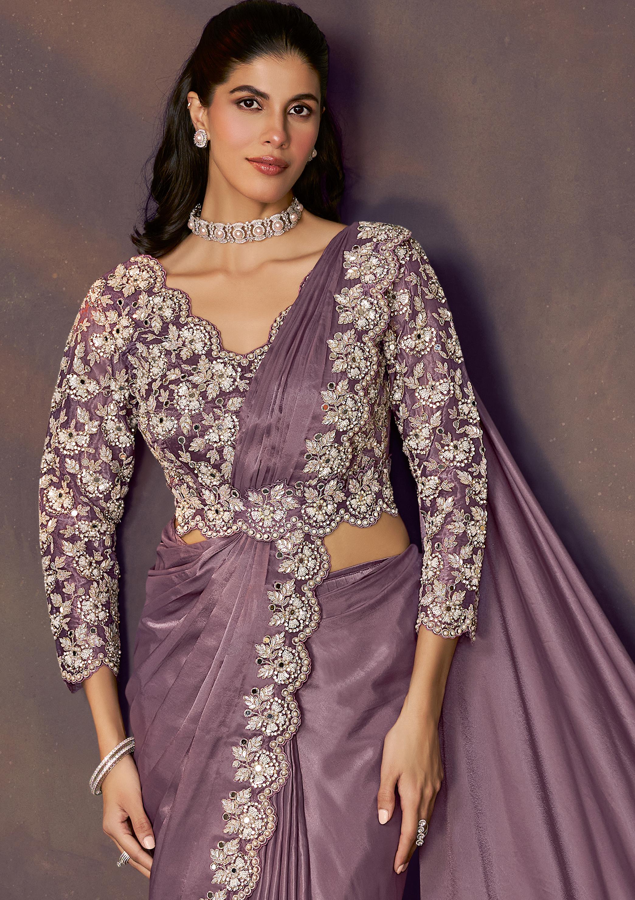 Dusty Lilac Embellished Satin Silk Draped Saree