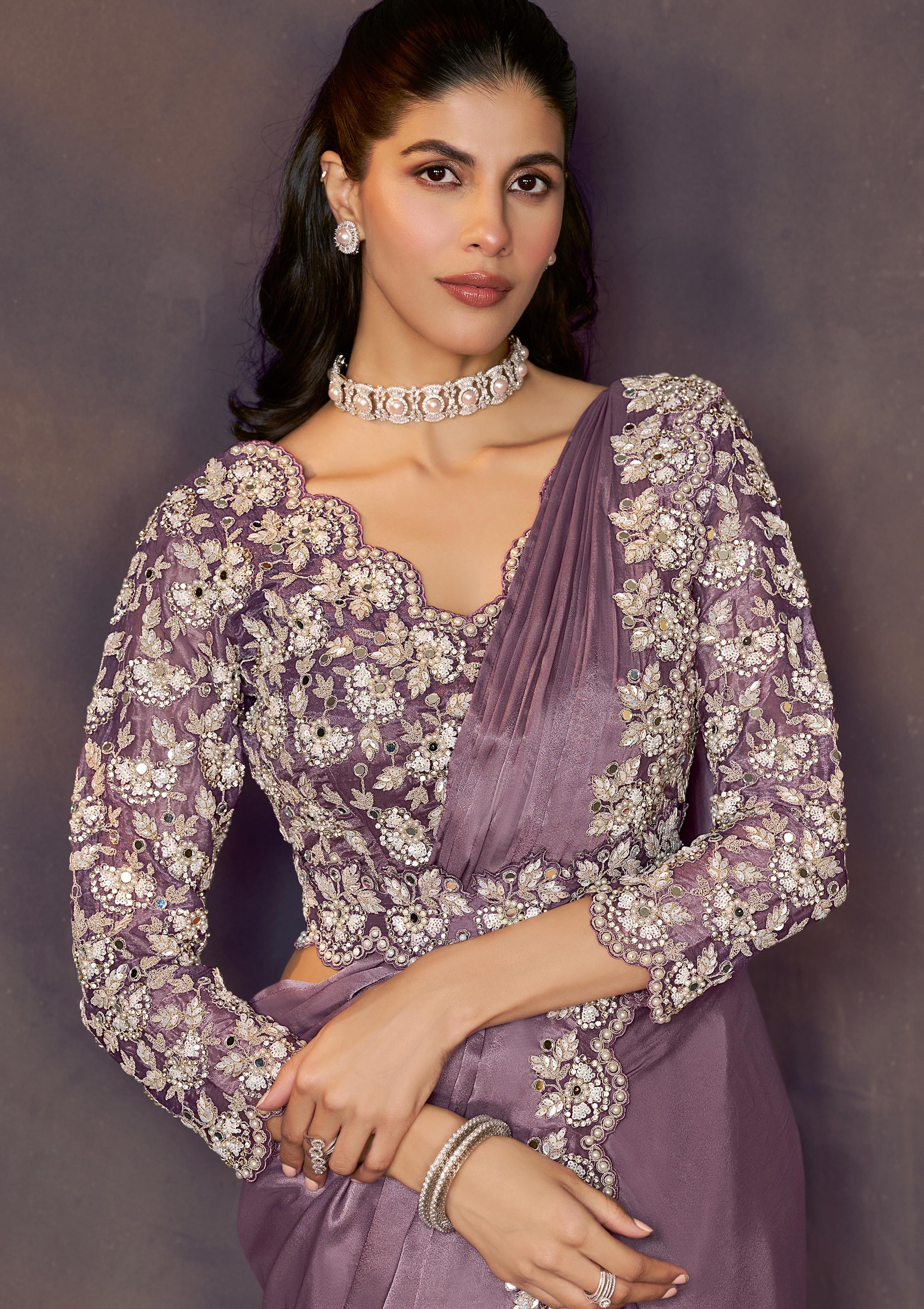 Dusty Lilac Embellished Satin Silk Draped Saree