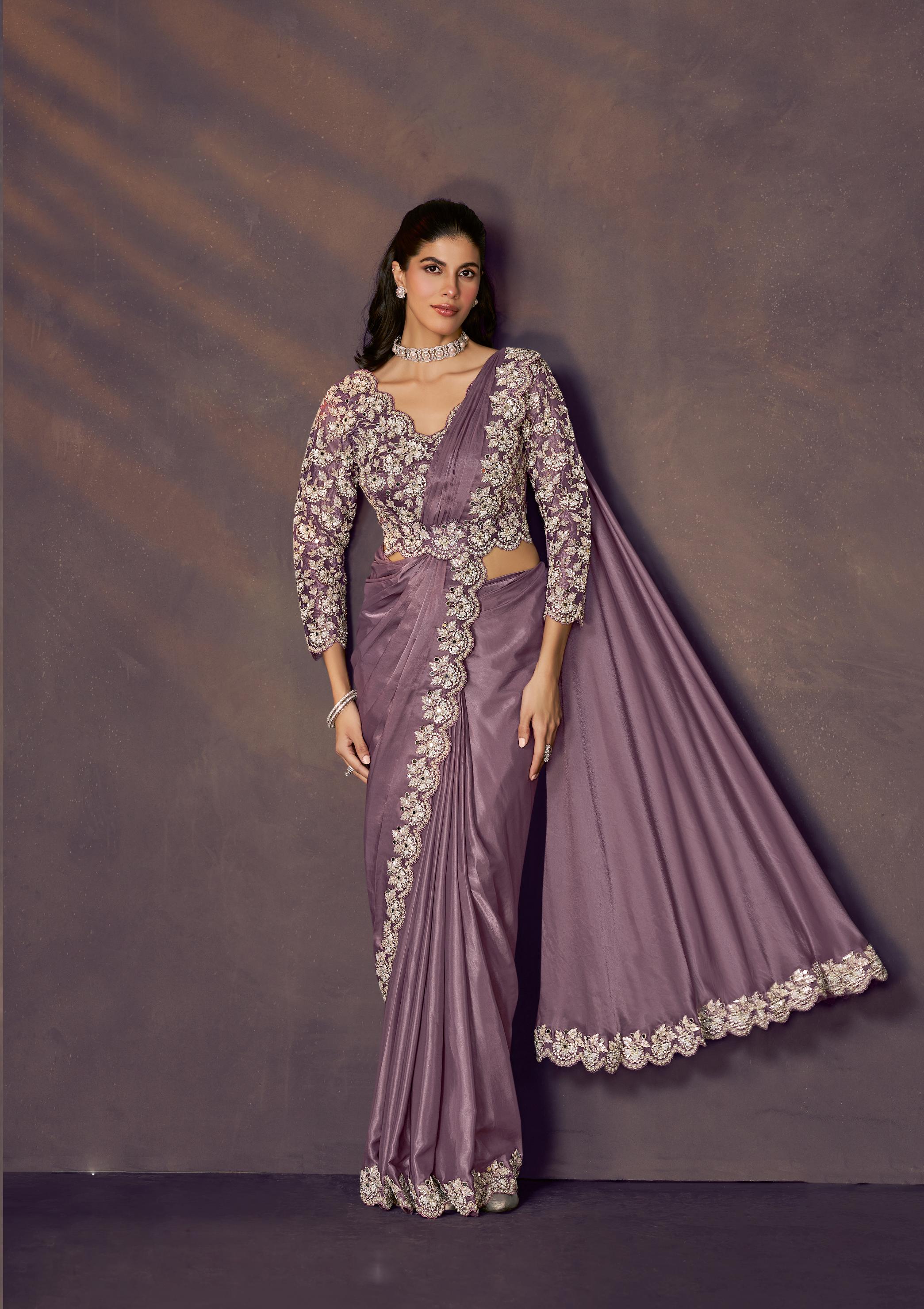 Dusty Lilac Embellished Satin Silk Draped Saree