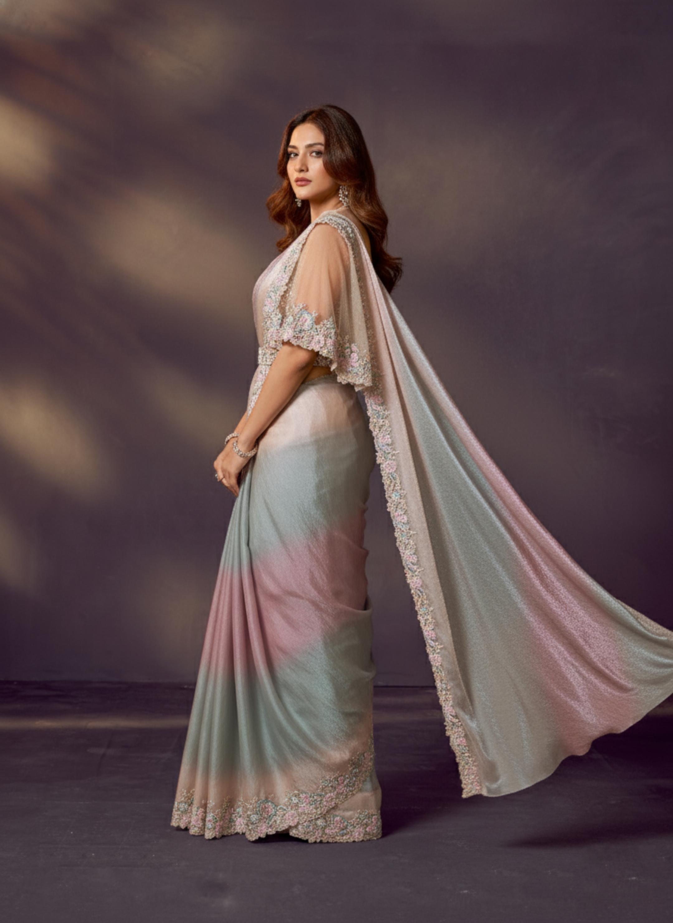 Pastel Ombre Embellished Satin Silk Draped Saree