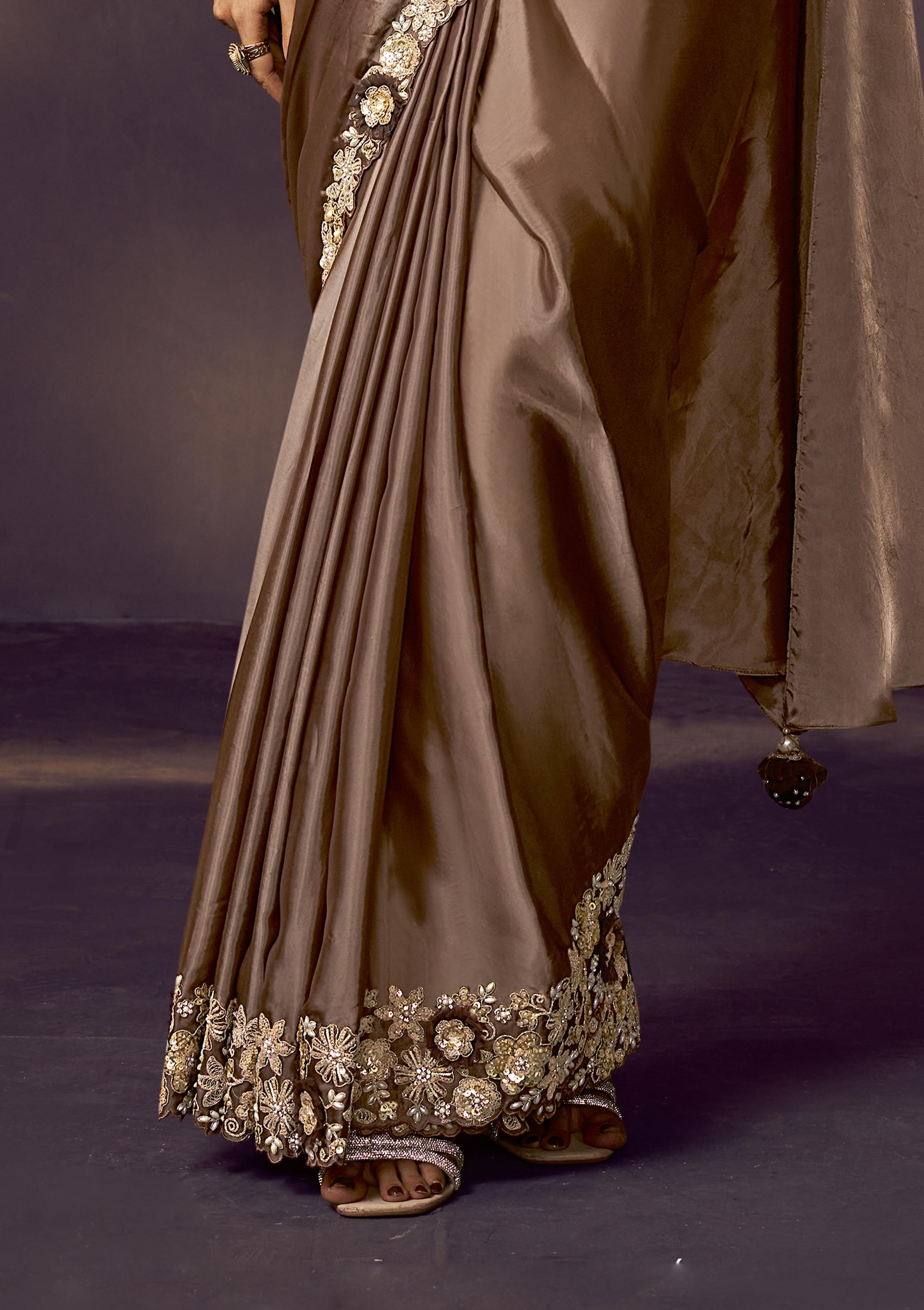Light Brown Embellished Satin Silk Draped Saree