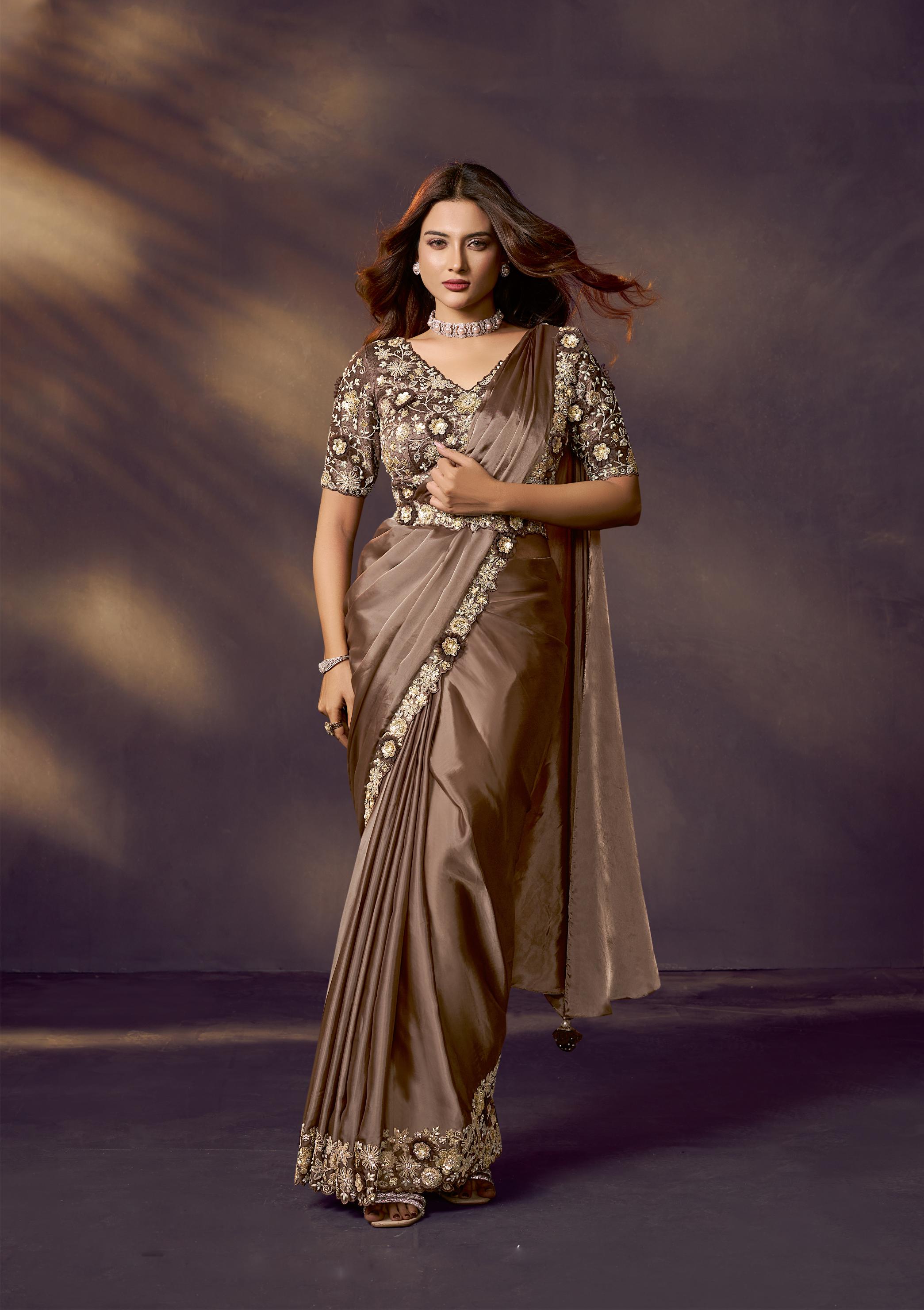 Light Brown Embellished Satin Silk Draped Saree
