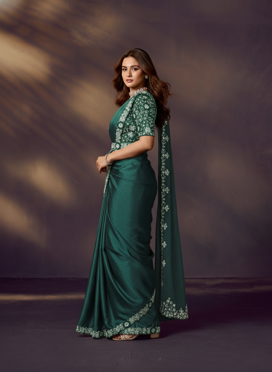 Forest Green Embellished Satin Silk Draped Saree