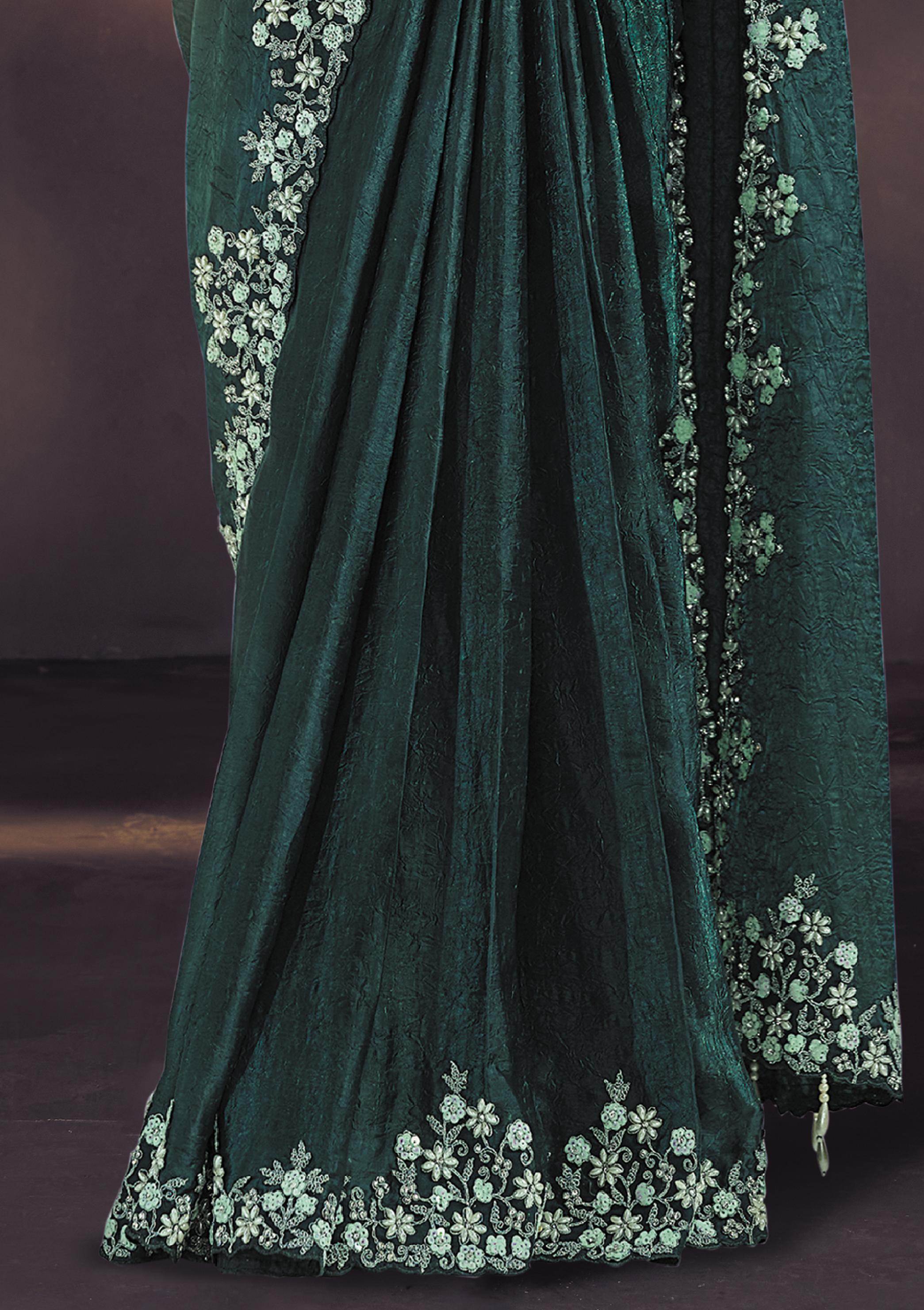 Forest Green Embellished Satin Silk Draped Saree