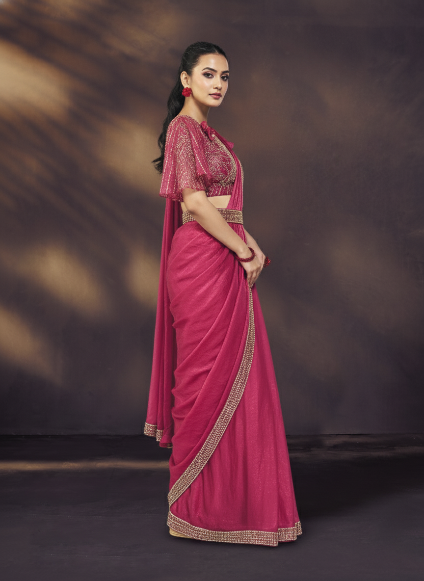 Vibrant Pink Embellished Satin Silk Draped Saree