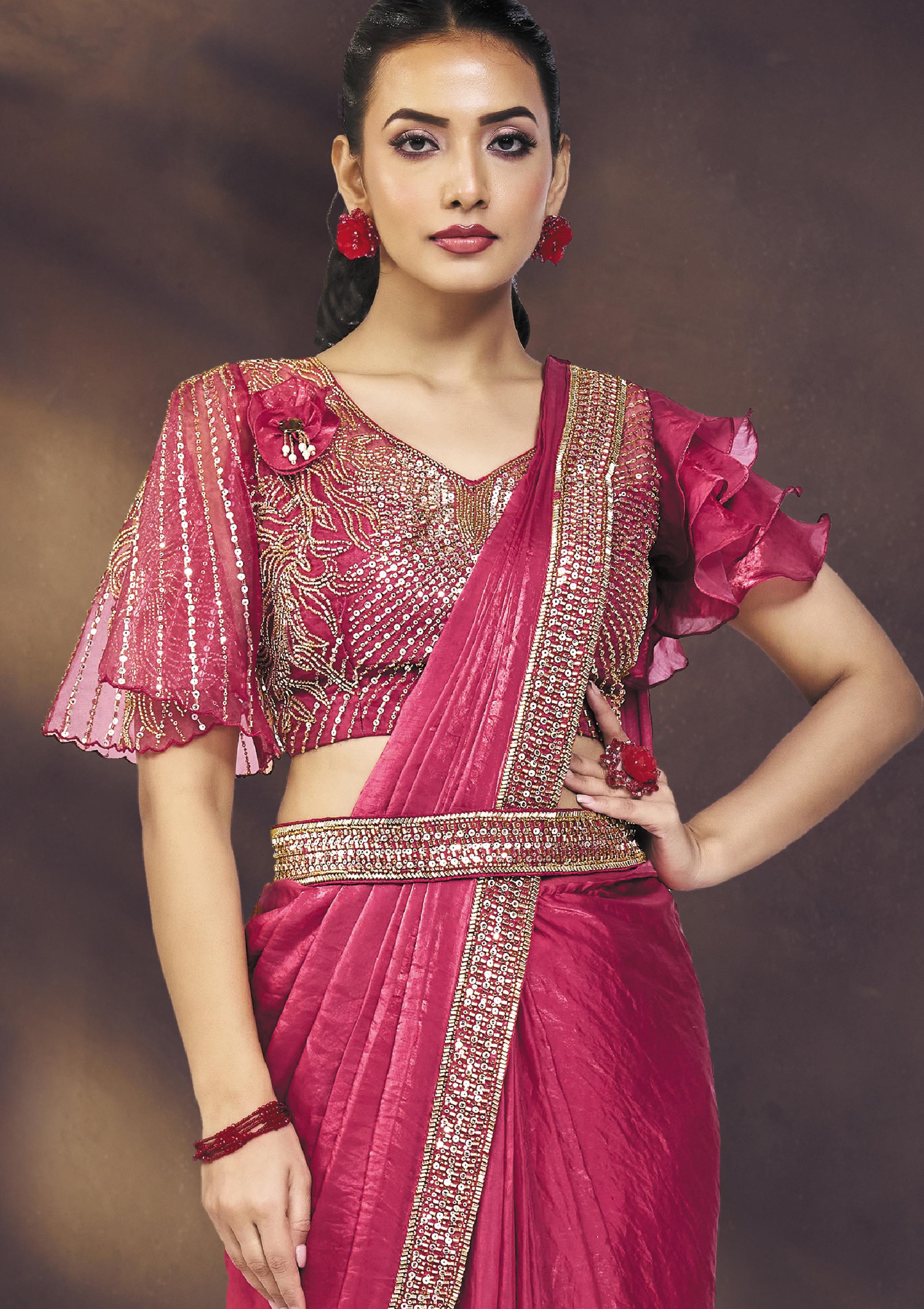 Vibrant Pink Embellished Satin Silk Draped Saree