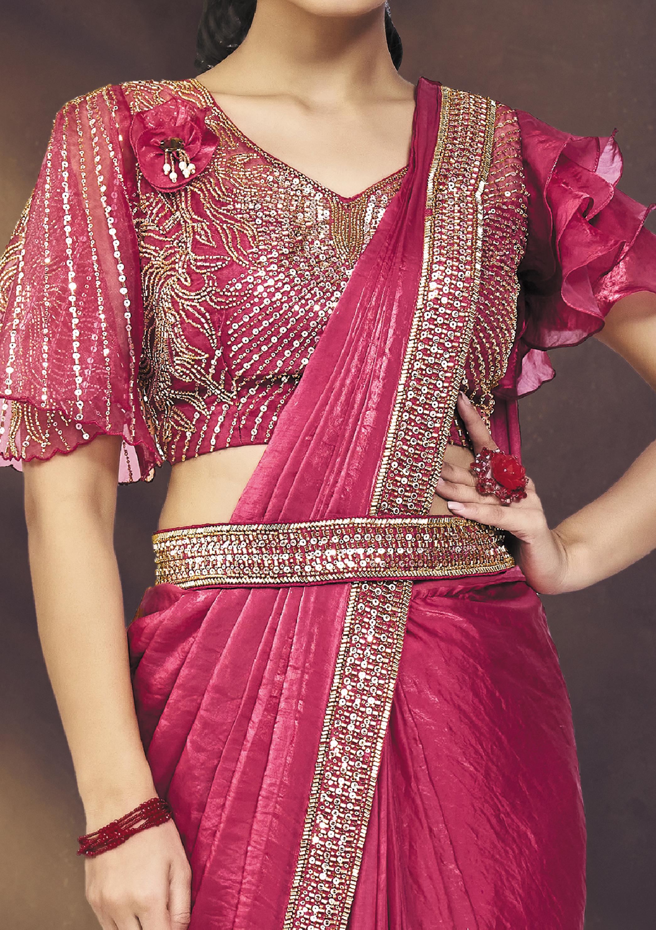 Vibrant Pink Embellished Satin Silk Draped Saree