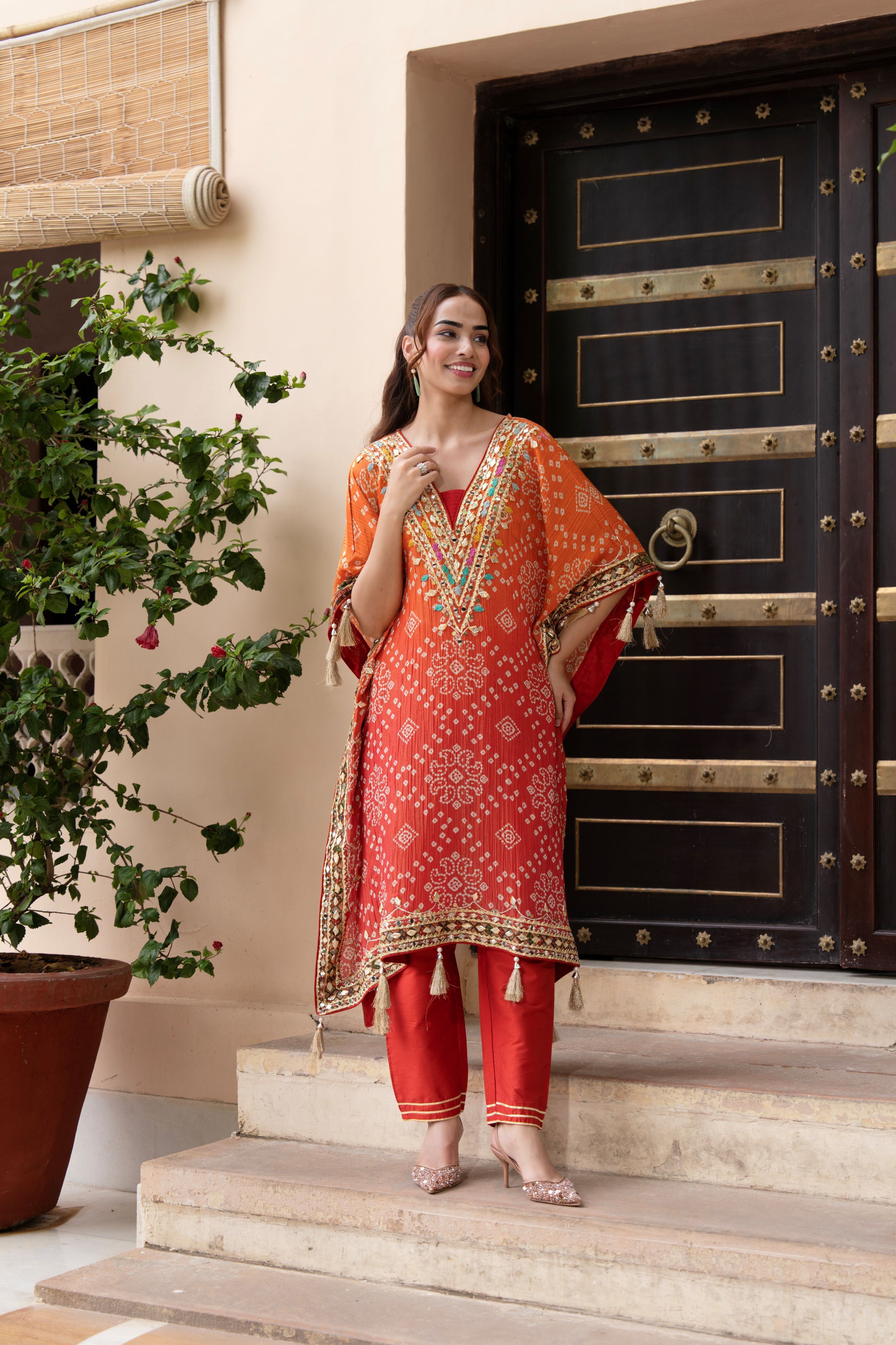 Coral Ombre Embellished Shimmer Tissue Silk Kaftan Set