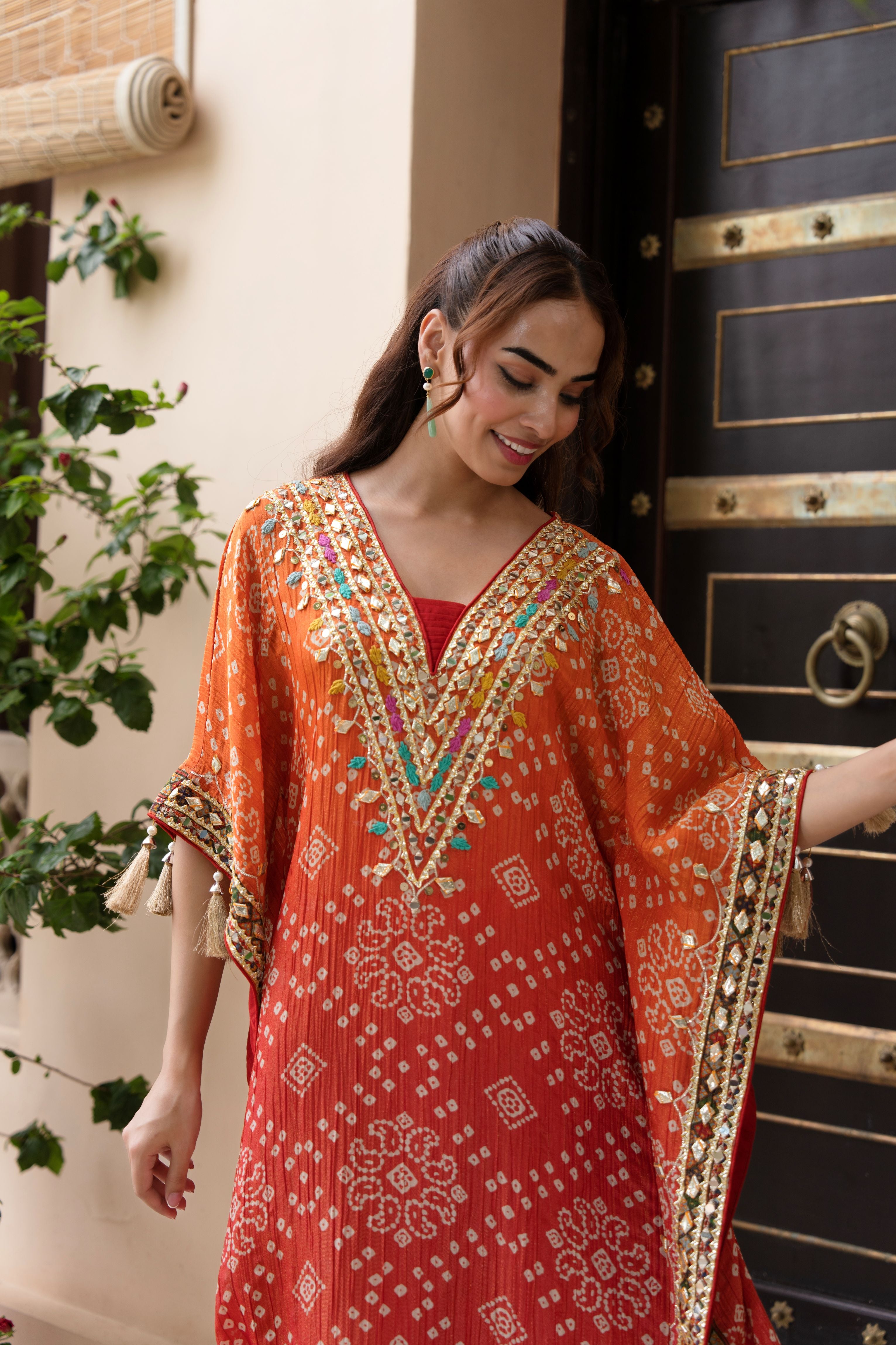 Coral Ombre Embellished Shimmer Tissue Silk Kaftan Set