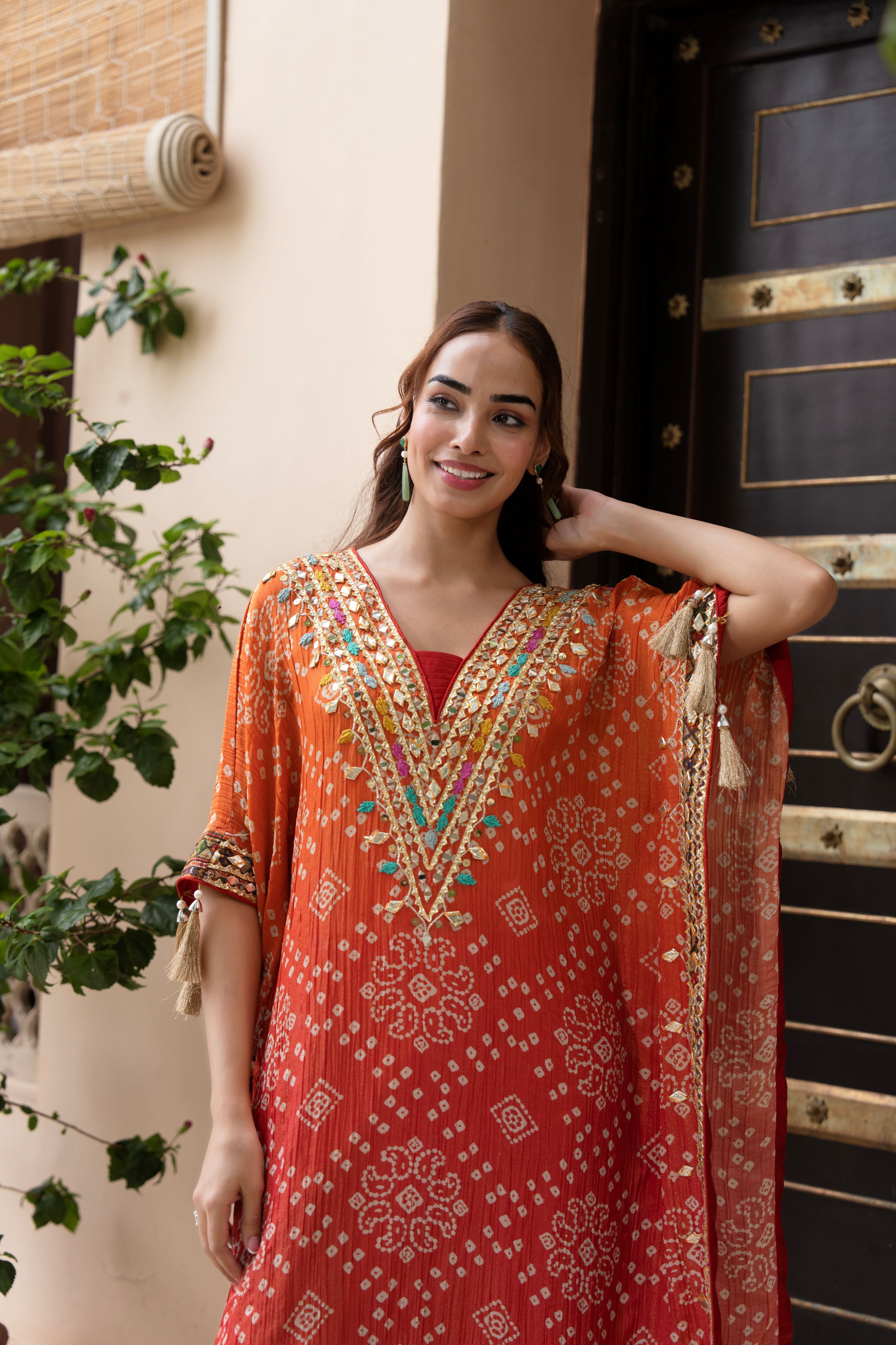 Coral Ombre Embellished Shimmer Tissue Silk Kaftan Set