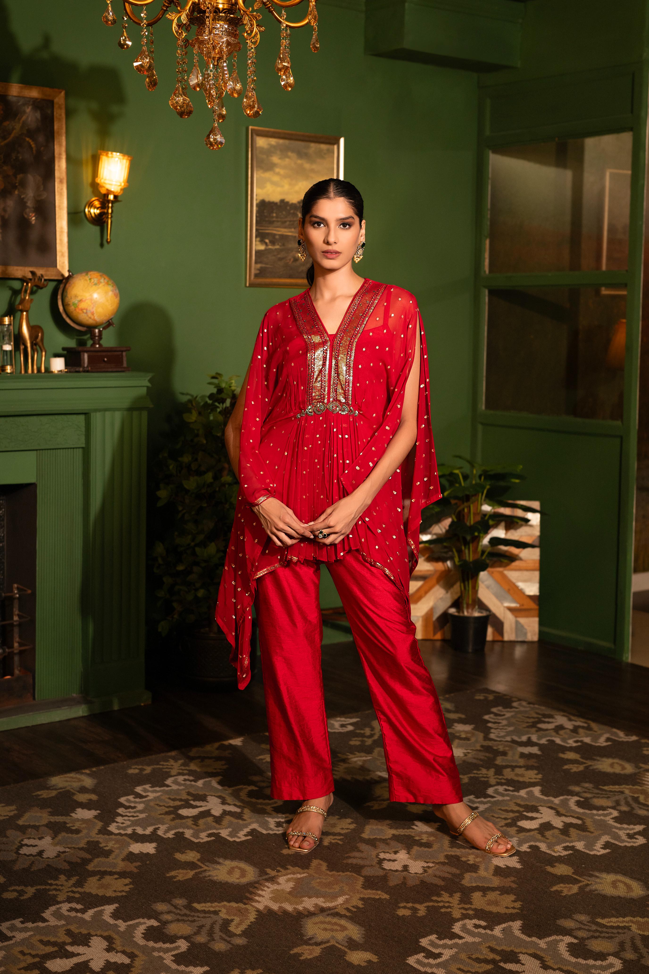 Hot Red Embellished Premium Georgette Silk Tunic & Pants Set