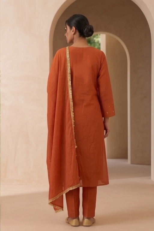 Rust Orange Embroidered Suit Set