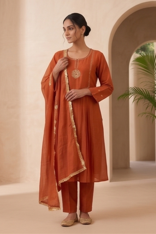 Rust Orange Embroidered Suit Set