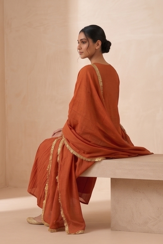 Rust Orange Embroidered Suit Set