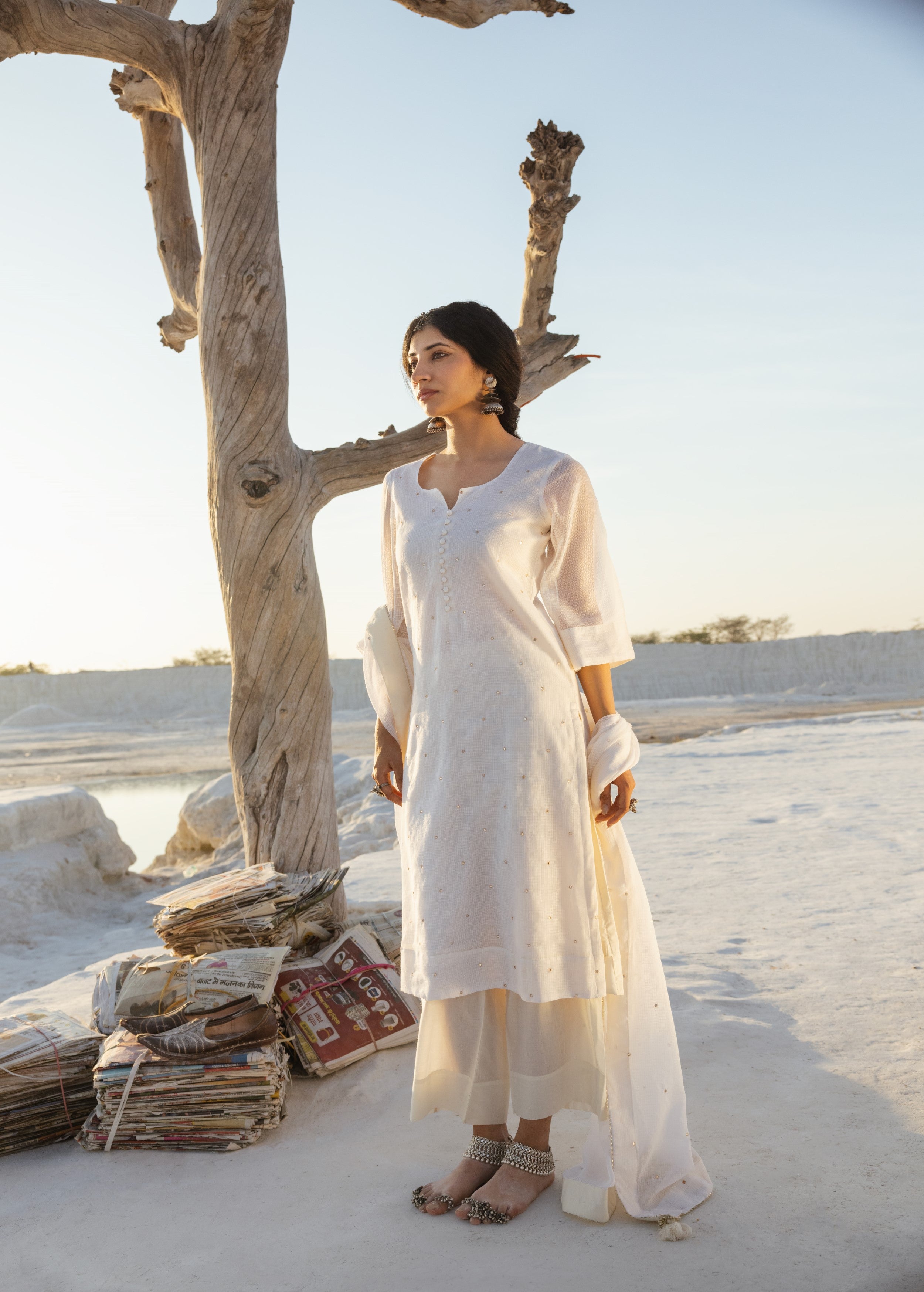 Daisy White Embellished Kota Doria Pant Set