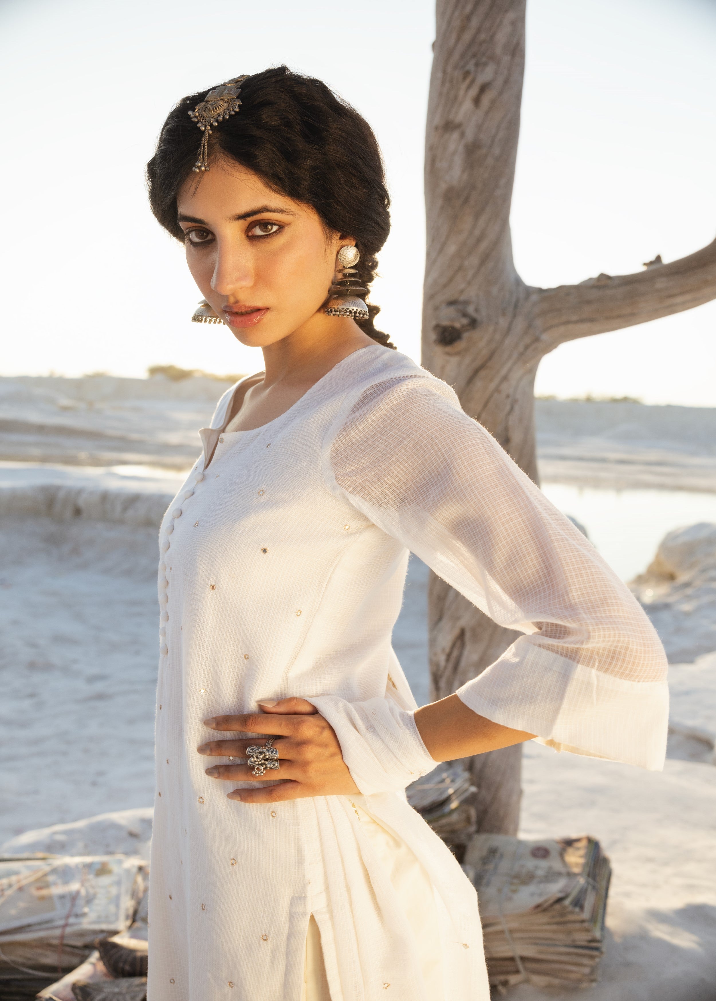 Daisy White Embellished Kota Doria Pant Set