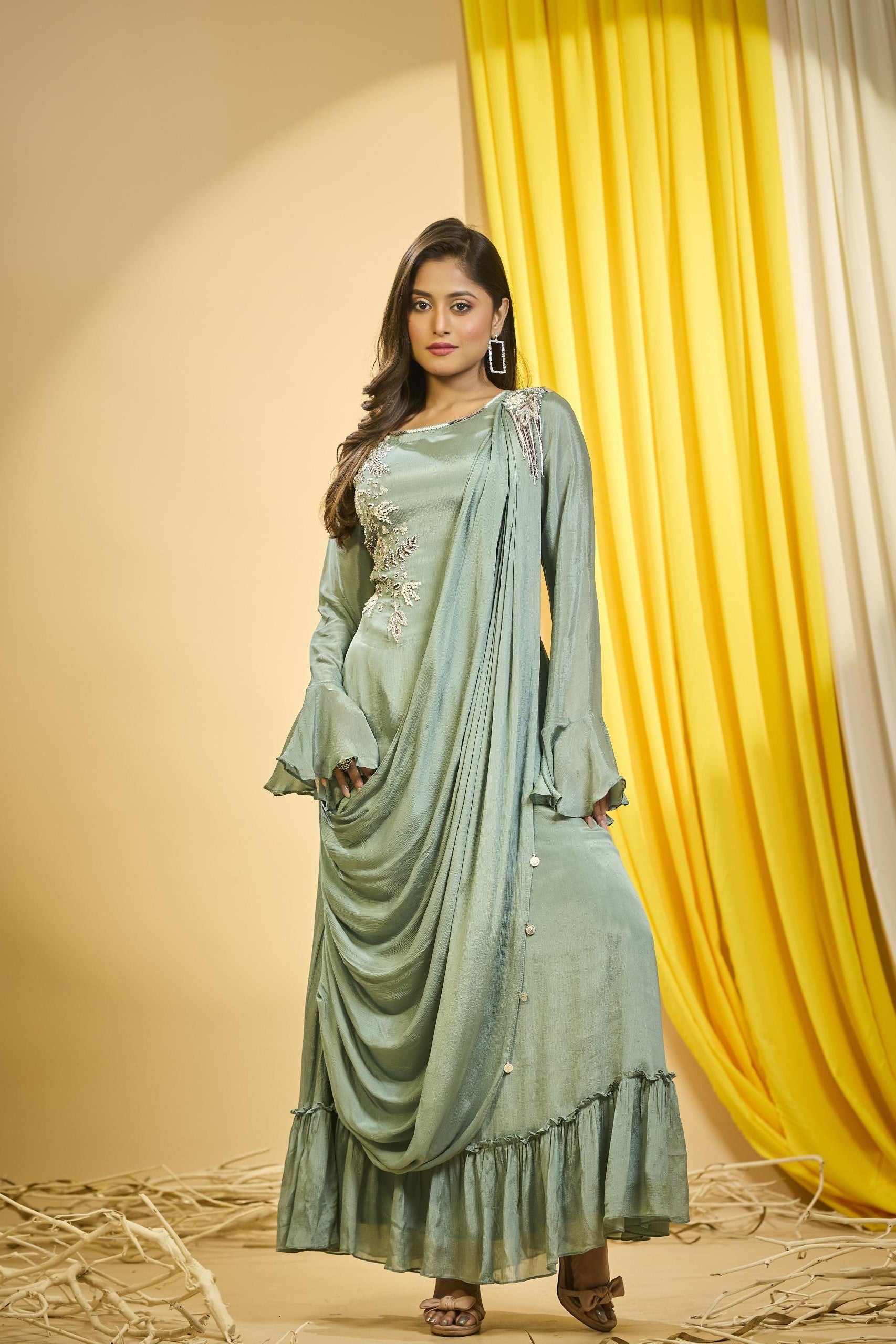 Light Green Embellished Premium Chinon Silk Draped Gown