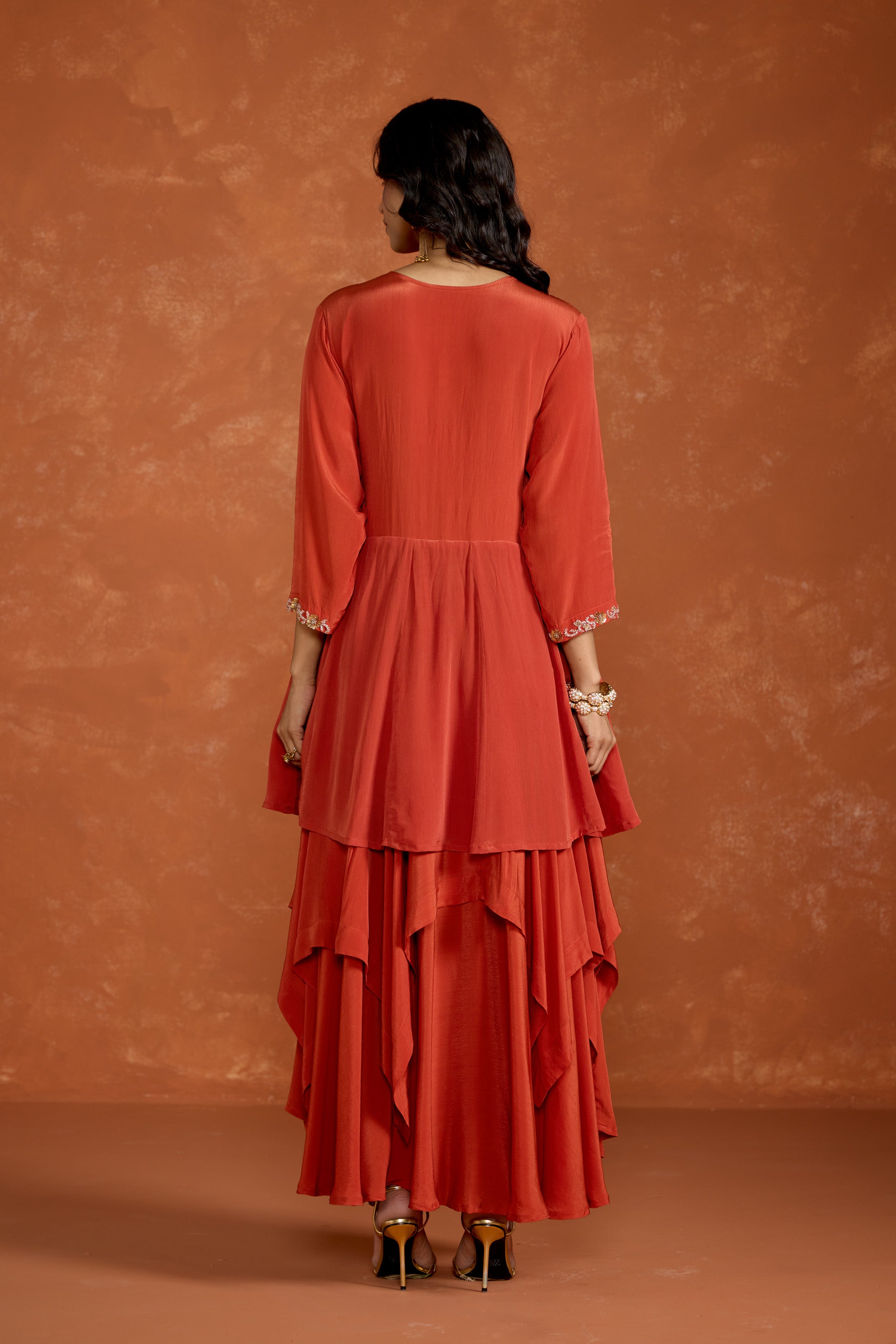 Coral Orange Embellished Chinon Silk Anarkali Set