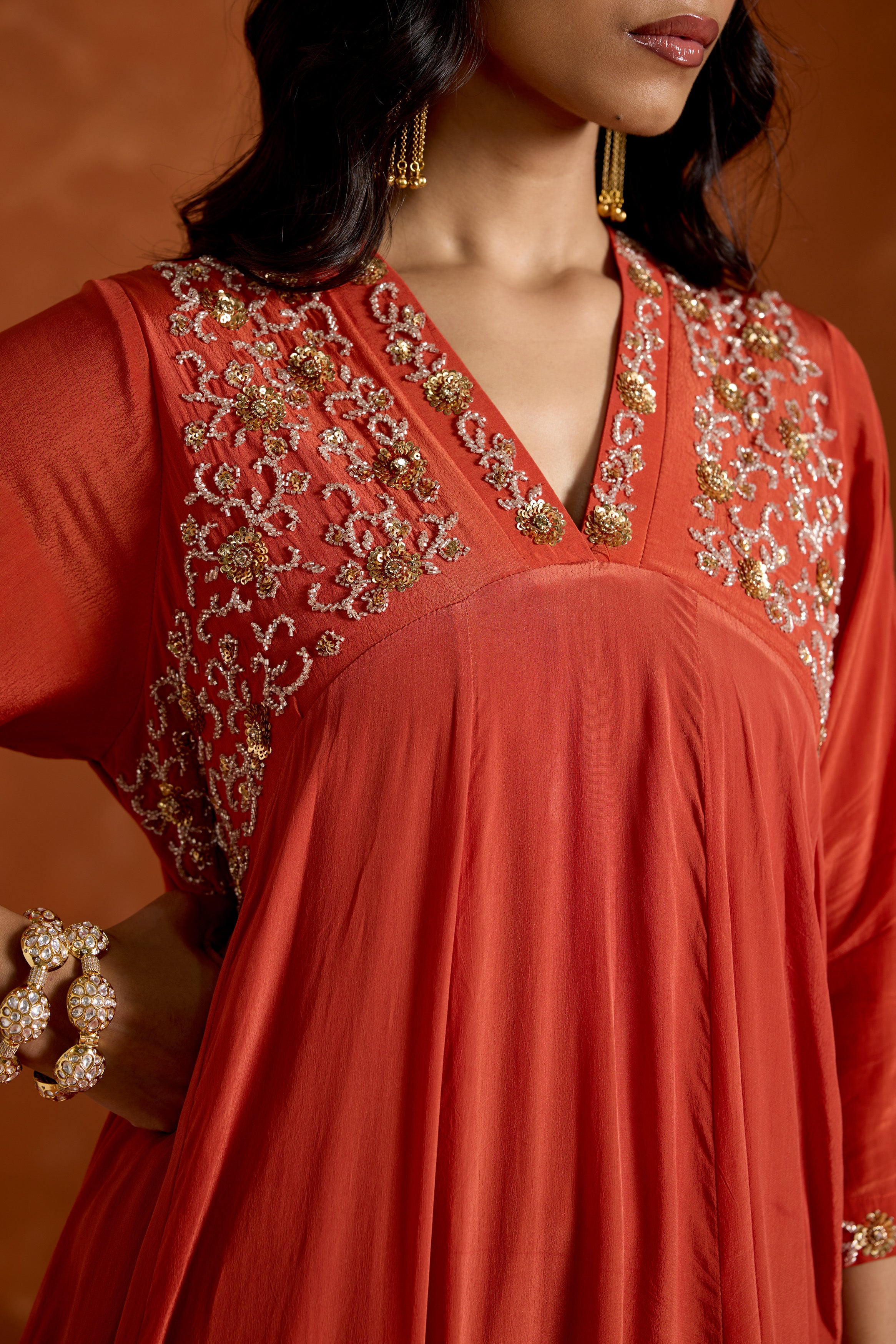 Coral Orange Embellished Chinon Silk Anarkali Set
