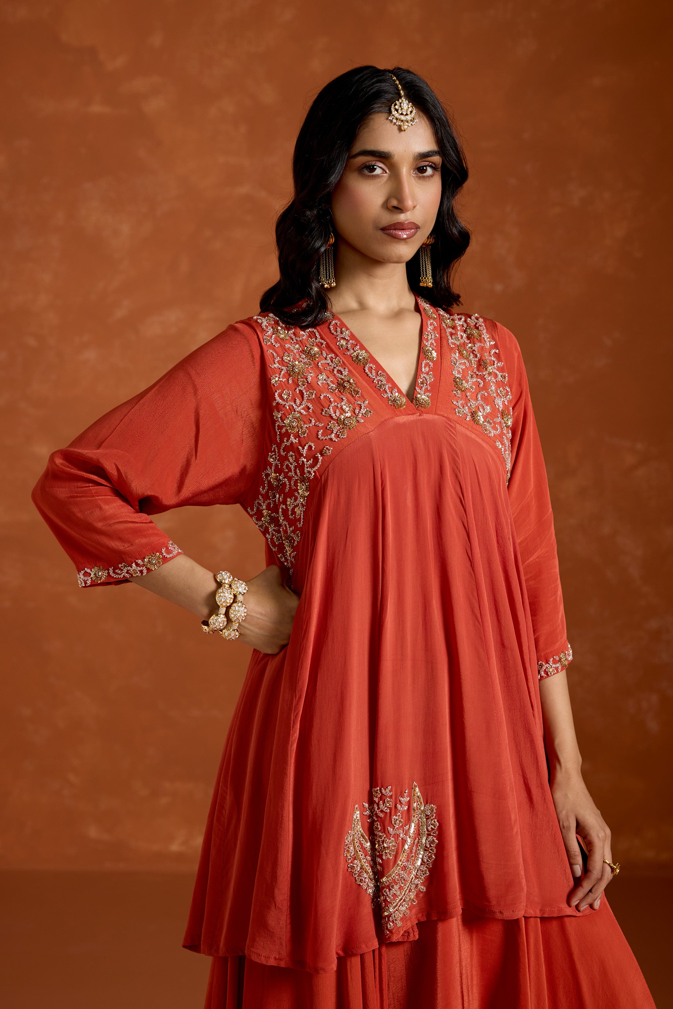 Coral Orange Embellished Chinon Silk Anarkali Set