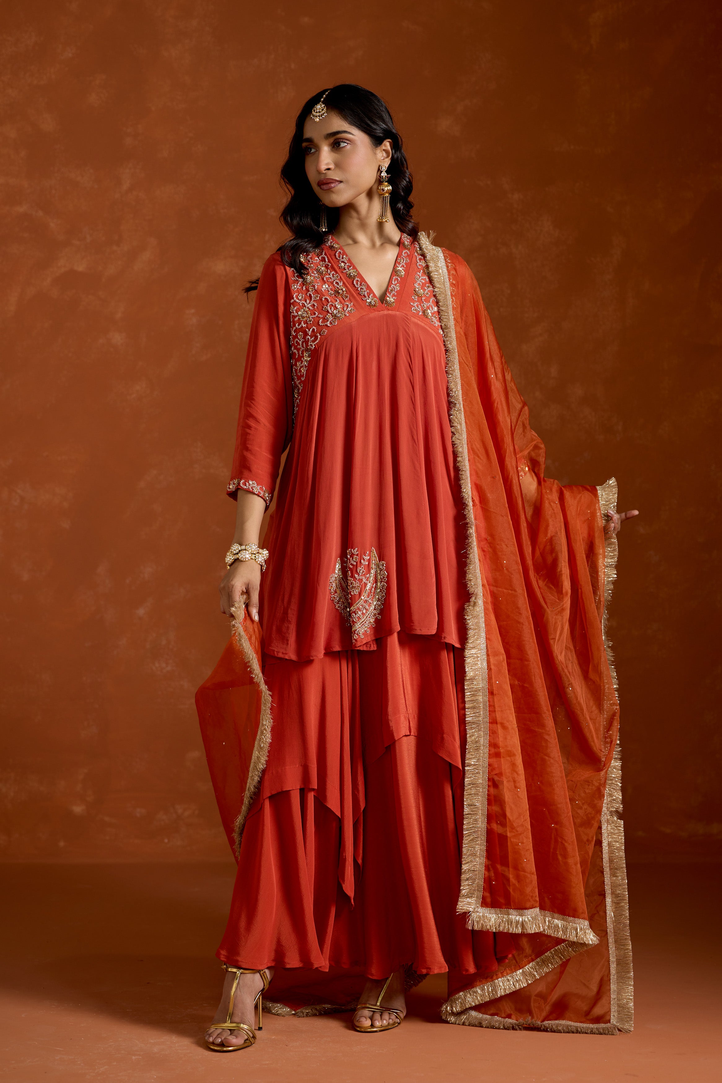 Coral Orange Embellished Chinon Silk Anarkali Set