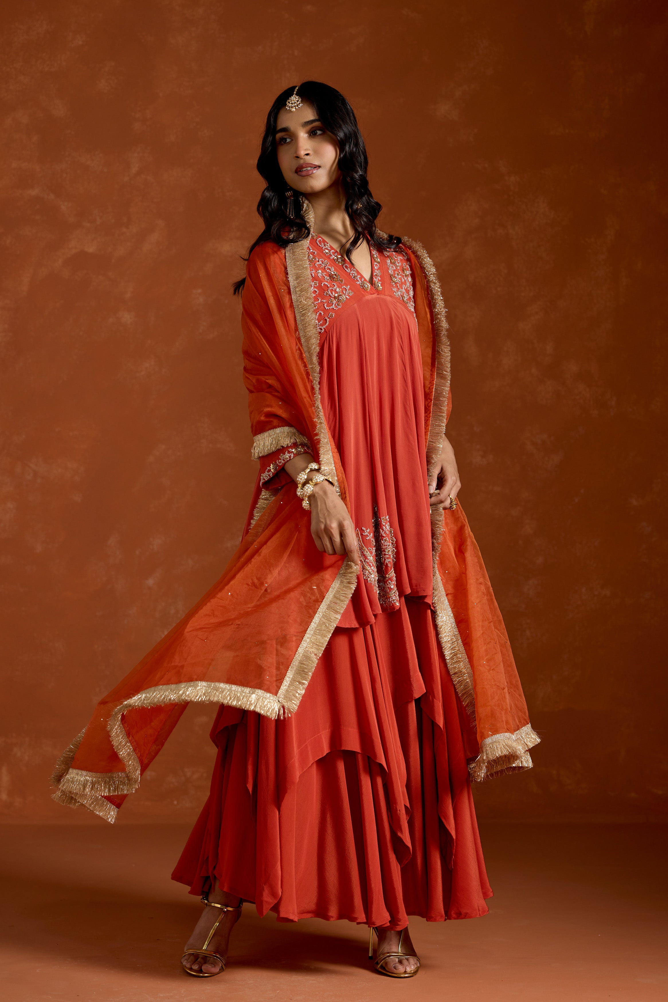 Coral Orange Embellished Chinon Silk Anarkali Set