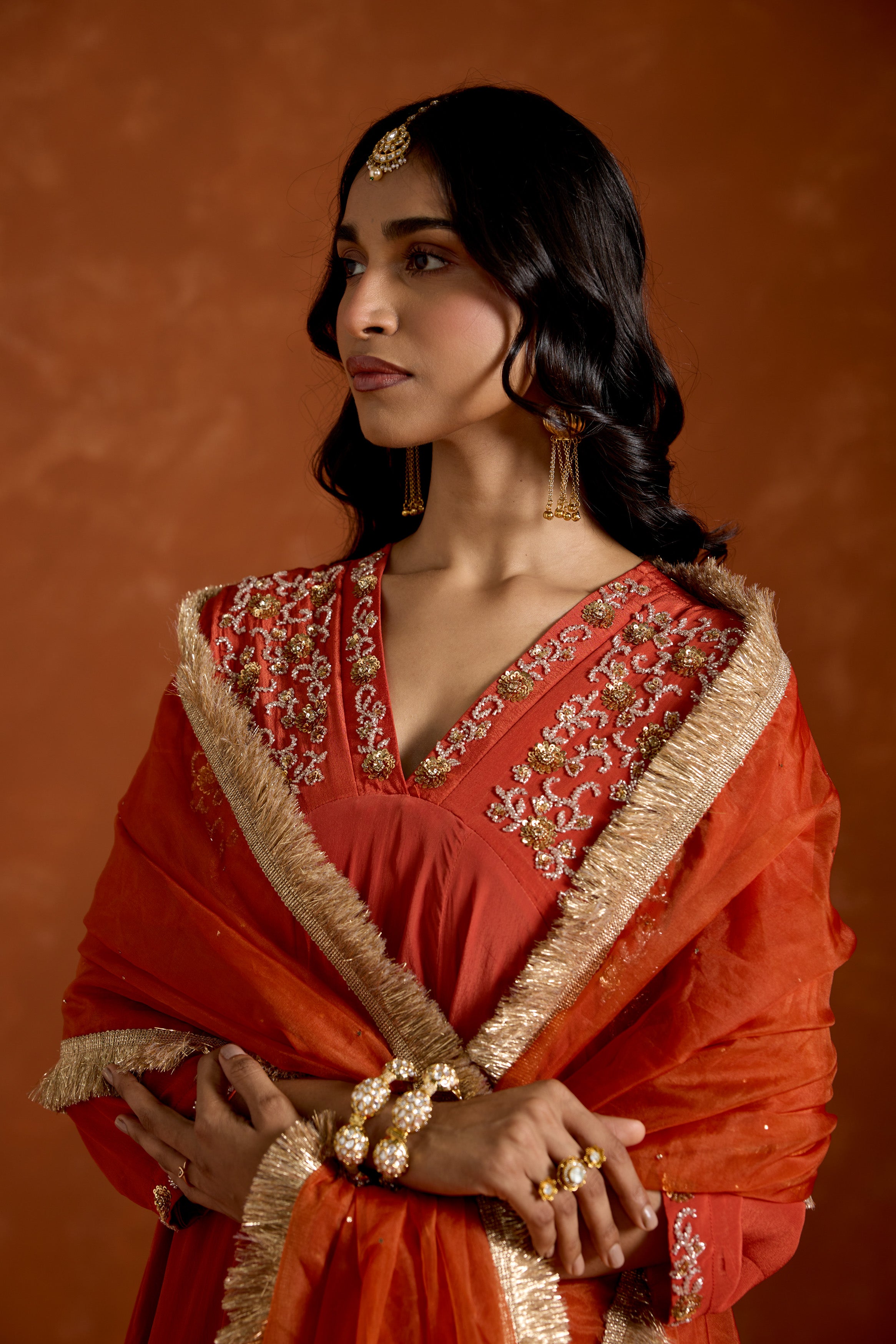 Coral Orange Embellished Chinon Silk Anarkali Set