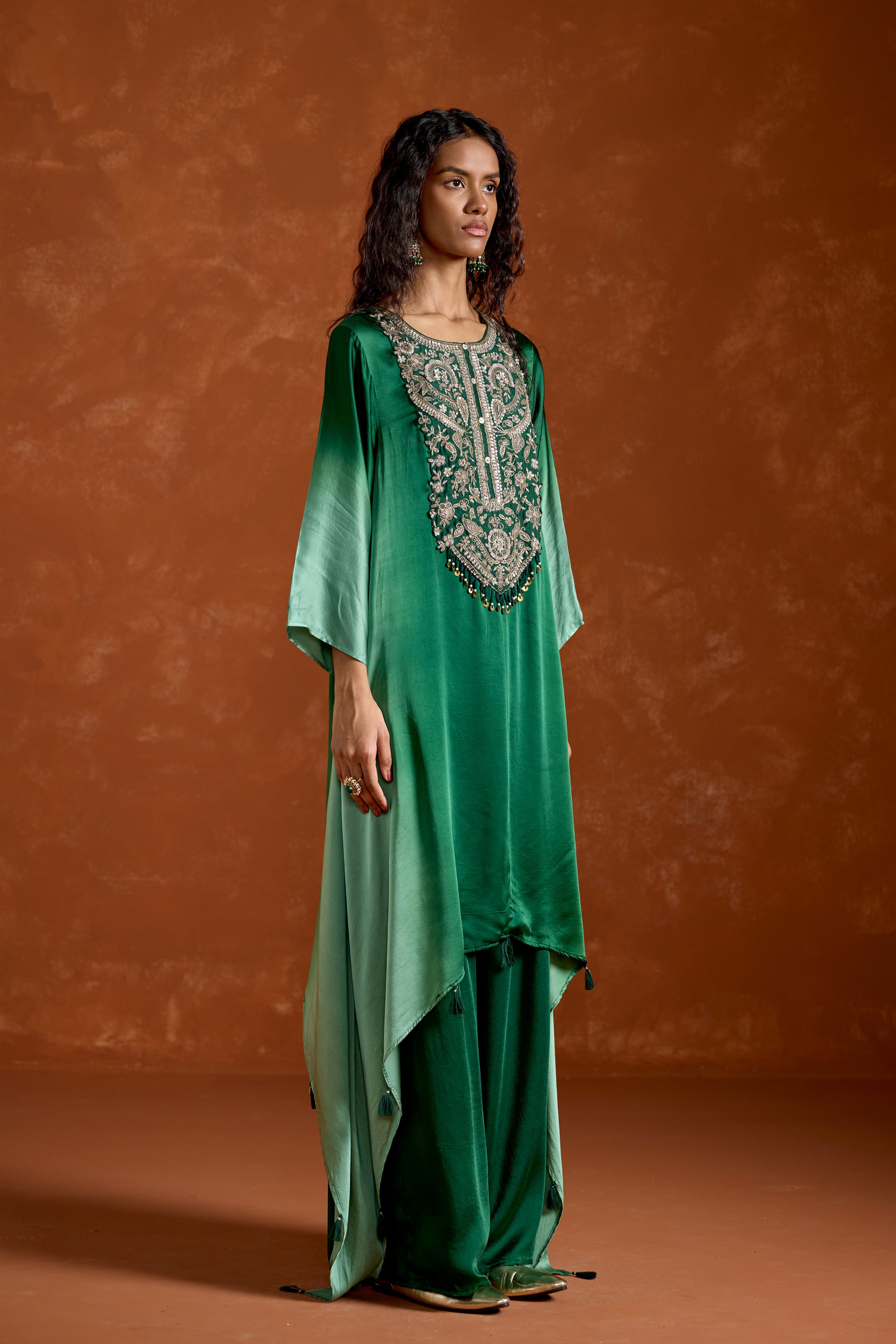 Green Embellished Satin Silk Palazzo Set
