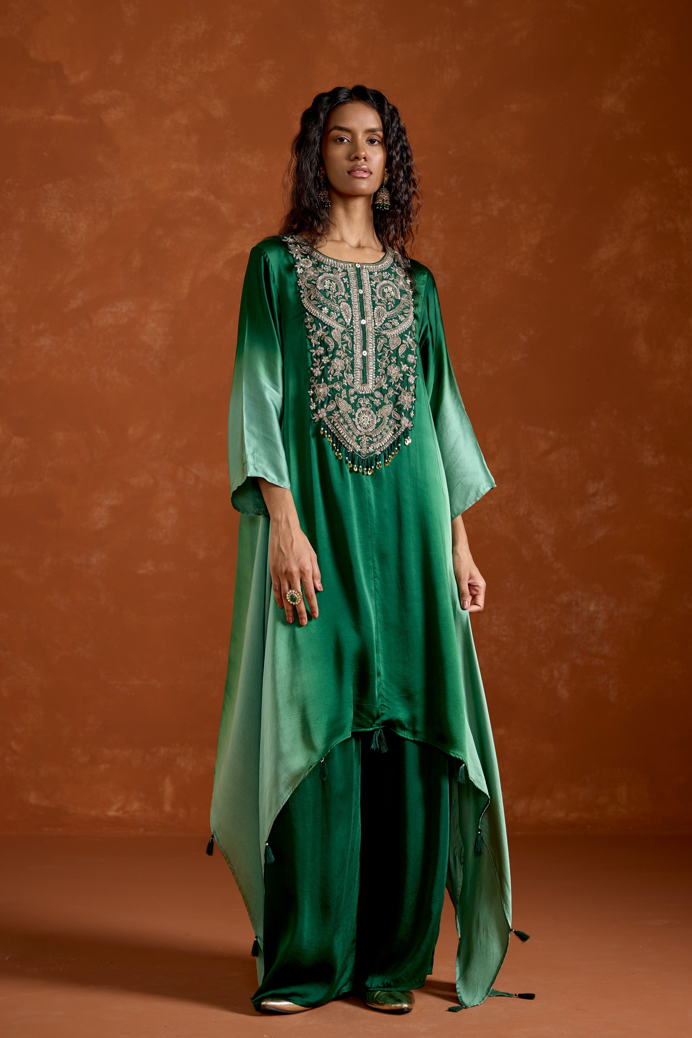 Green Embellished Satin Silk Palazzo Set