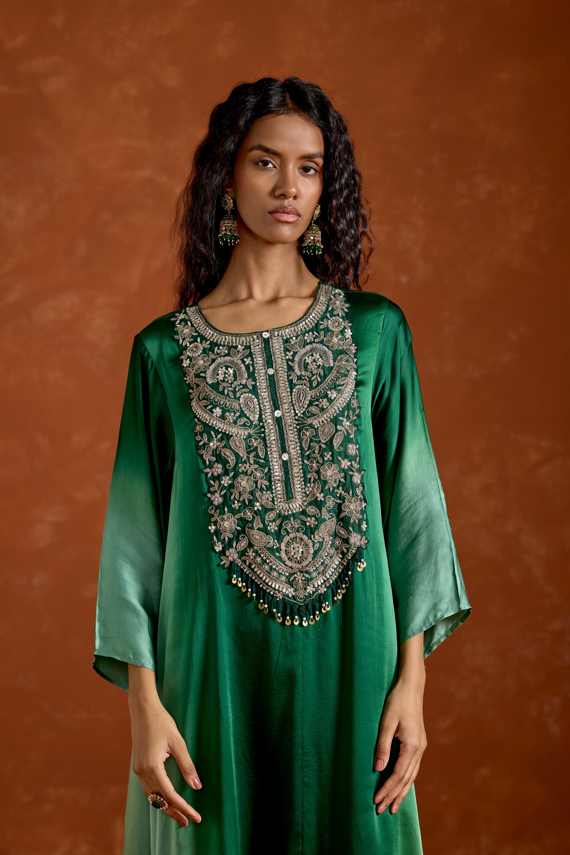 Green Embellished Satin Silk Palazzo Set