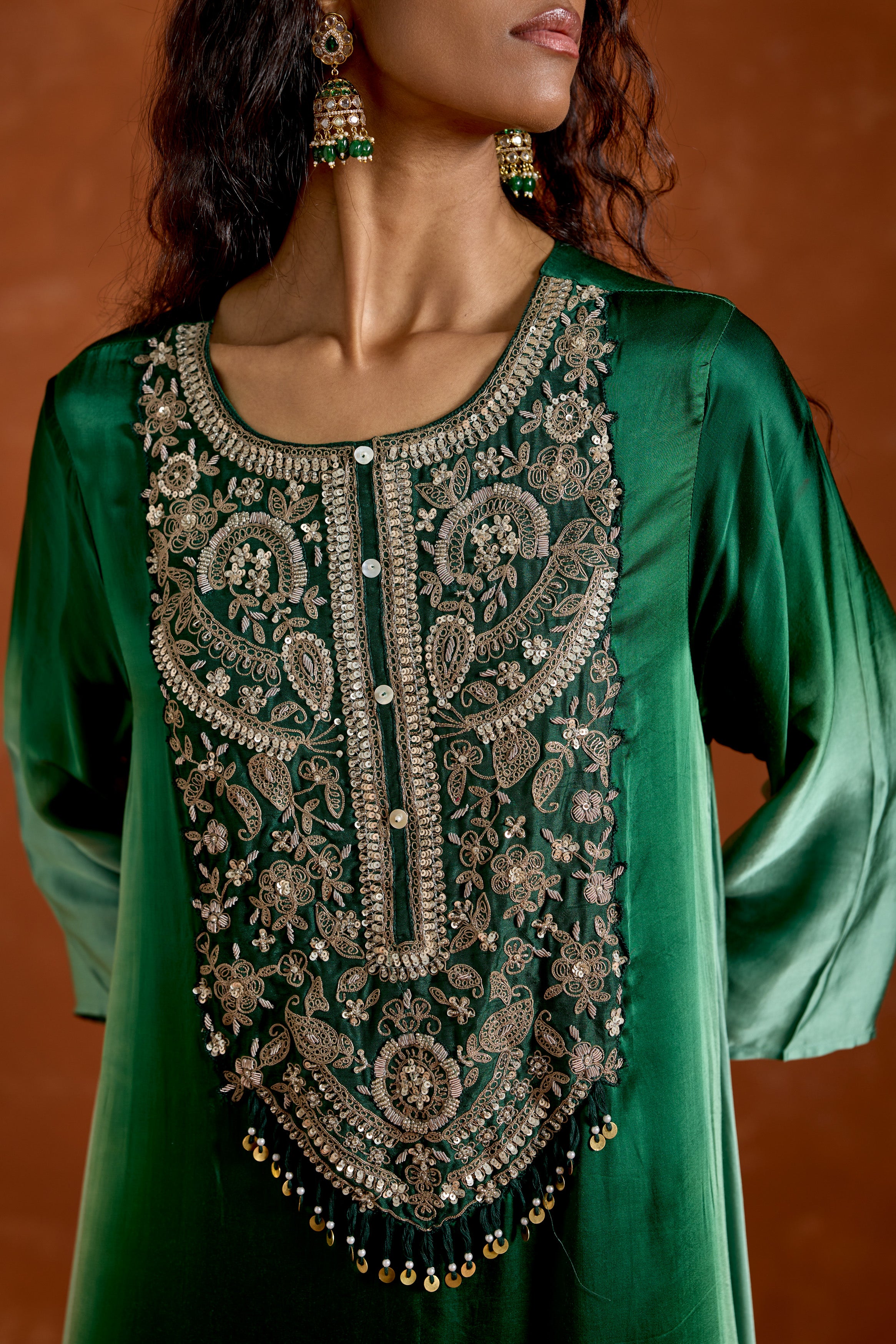 Green Embellished Satin Silk Palazzo Set