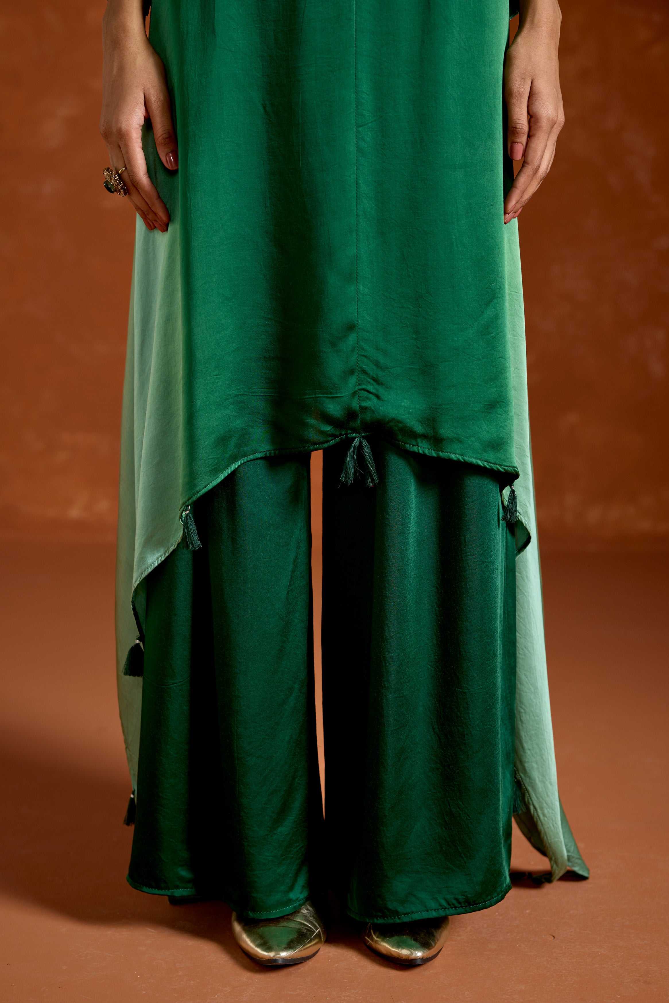 Green Embellished Satin Silk Palazzo Set