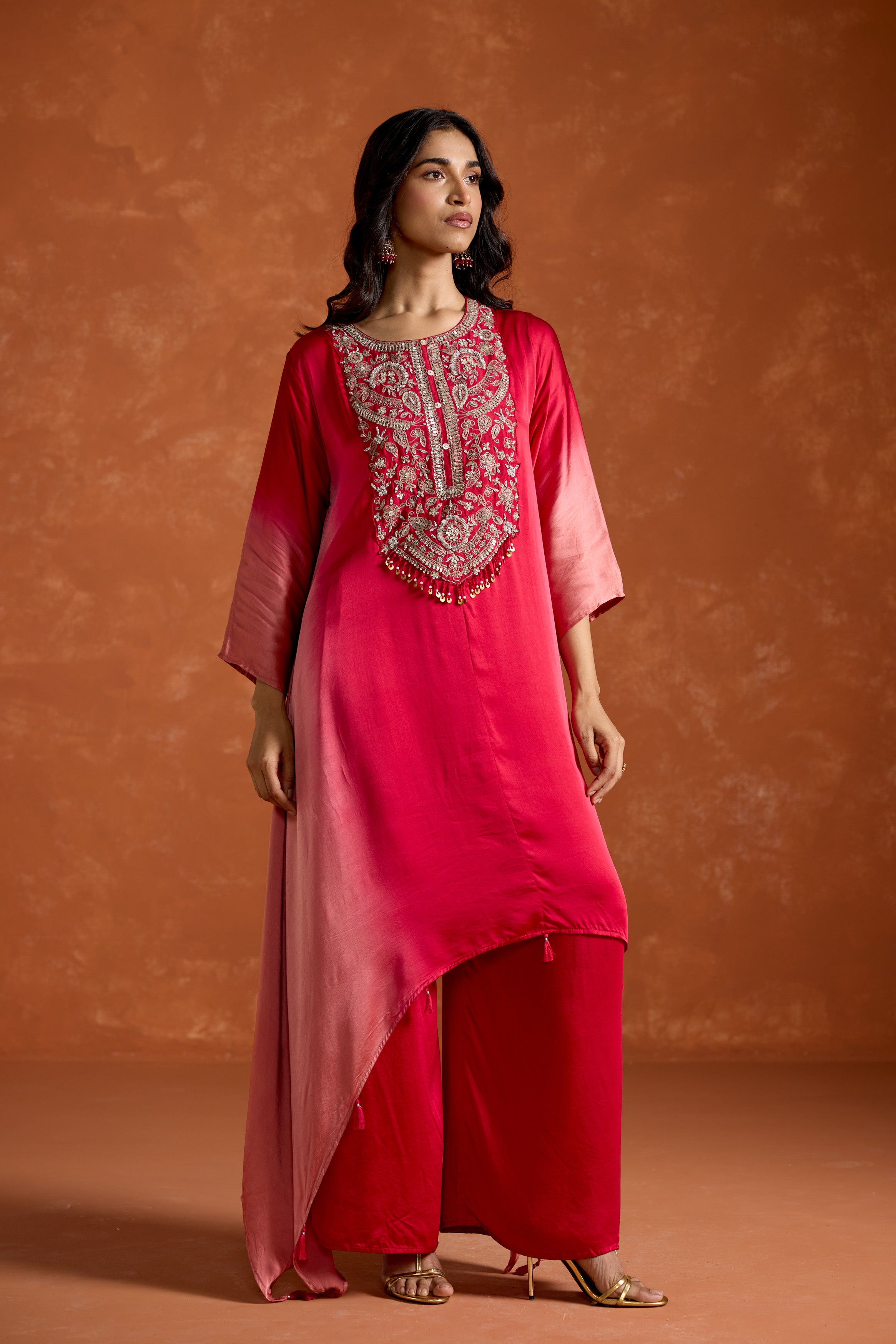 Pink Embellished Satin Silk Palazzo Set