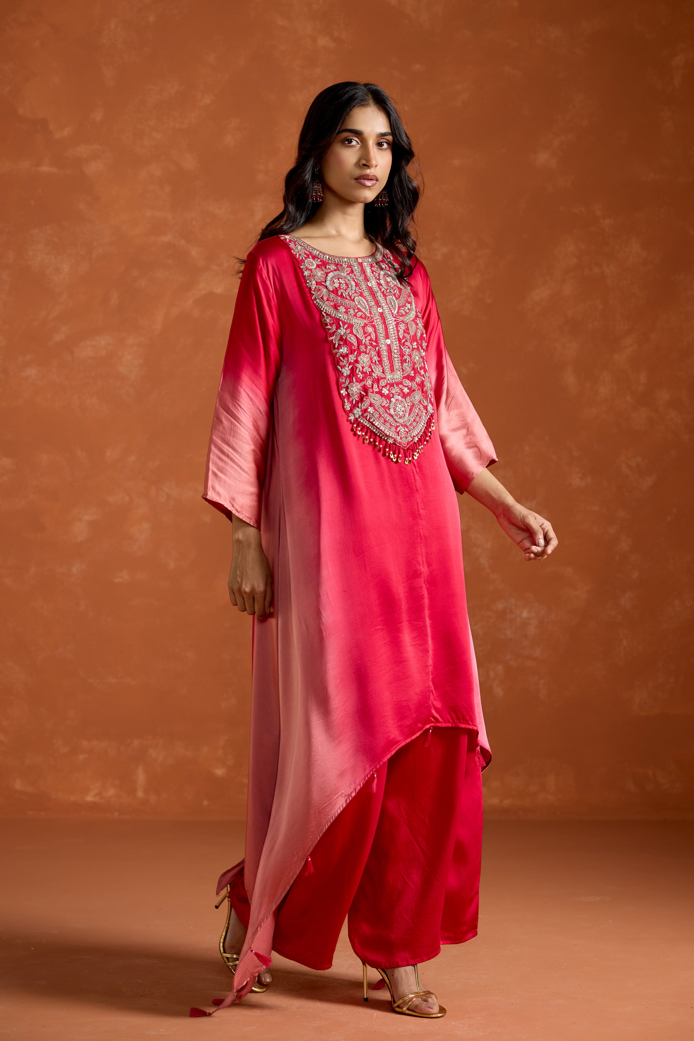 Pink Embellished Satin Silk Palazzo Set
