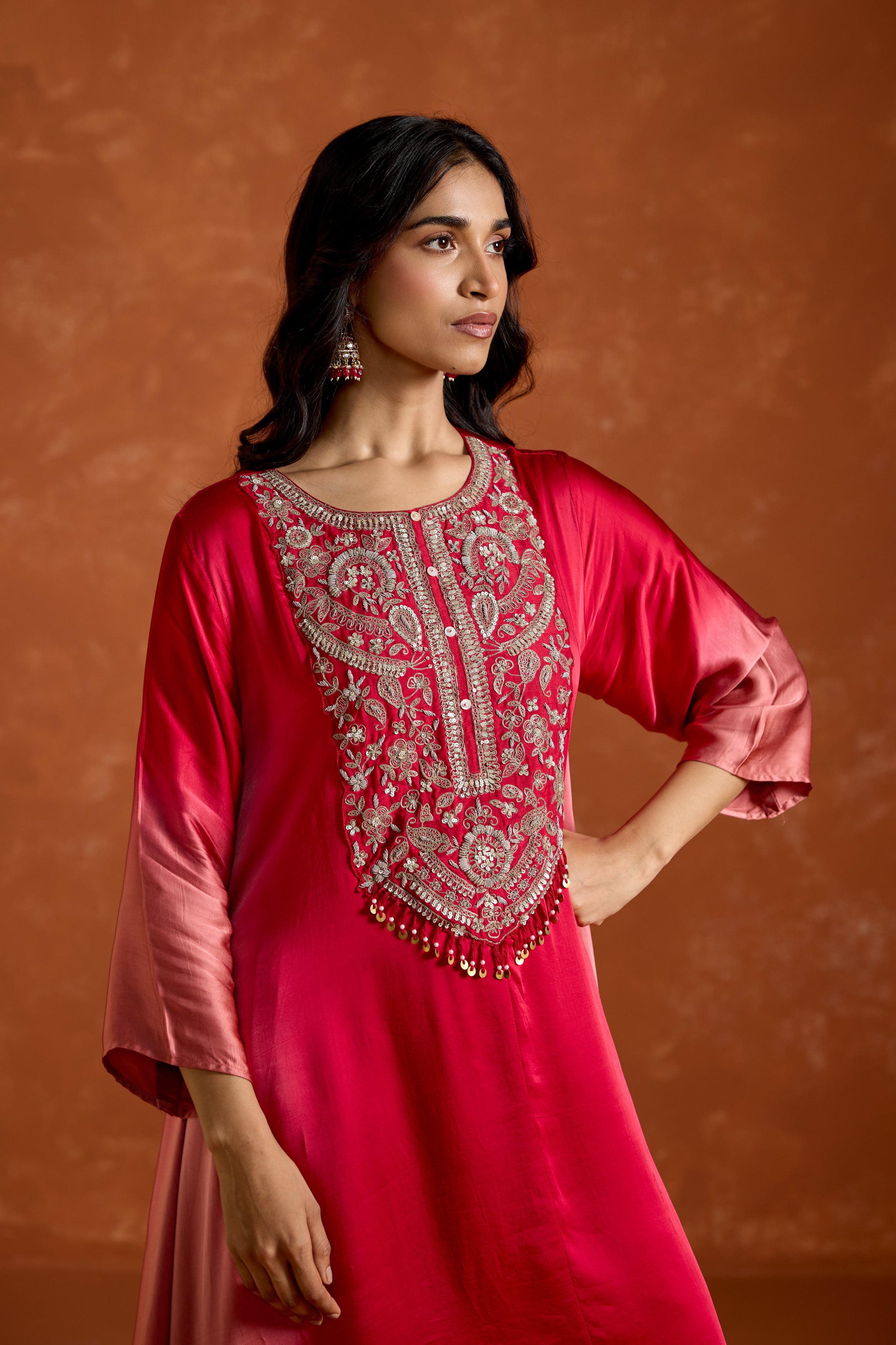 Pink Embellished Satin Silk Palazzo Set