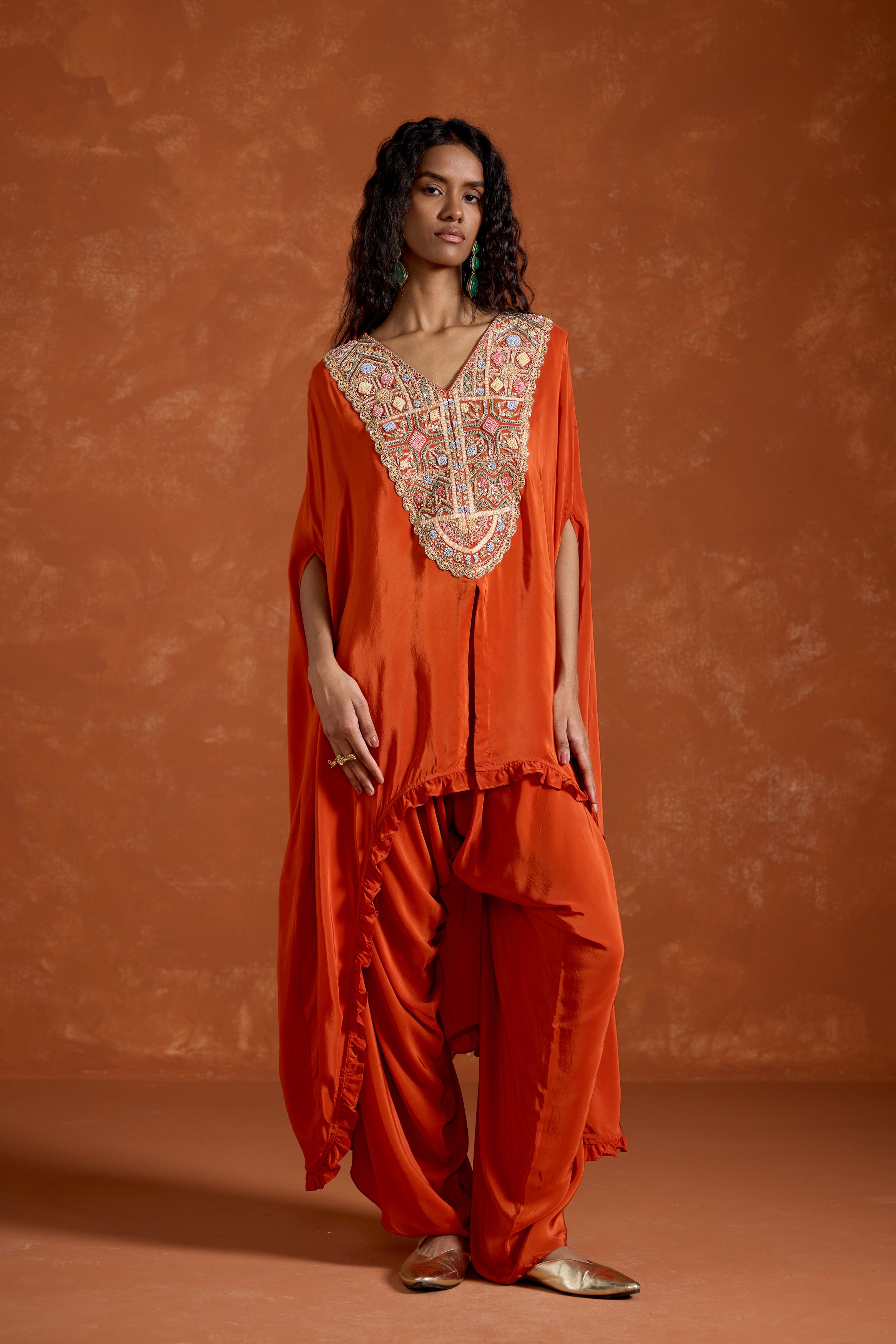 Rust Orange Embellished Satin Silk Kaftan Set