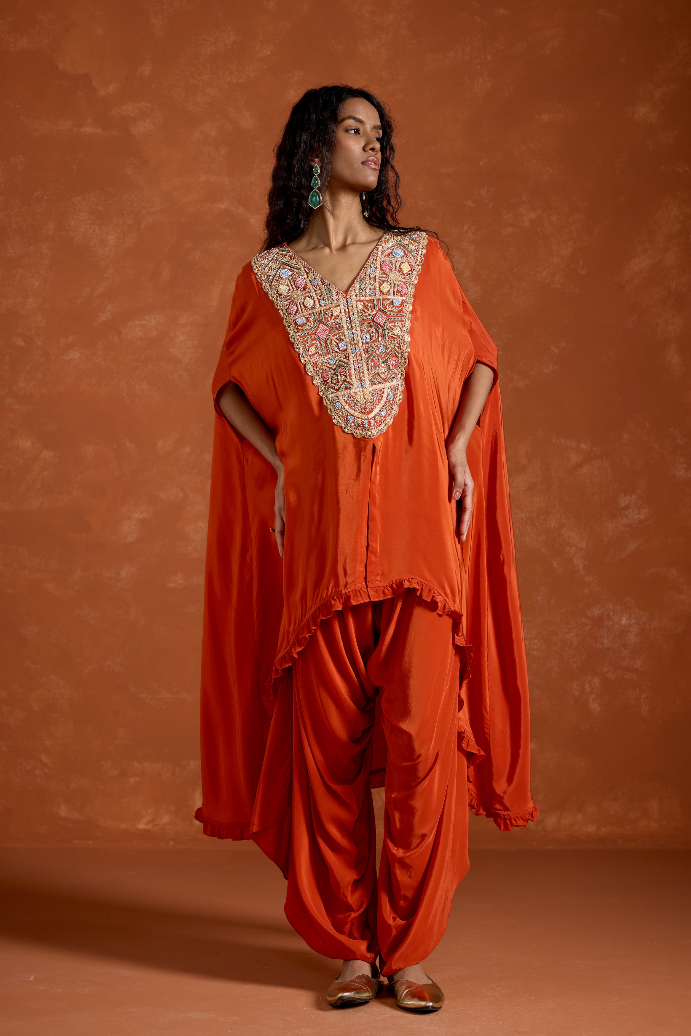 Rust Orange Embellished Satin Silk Kaftan Set