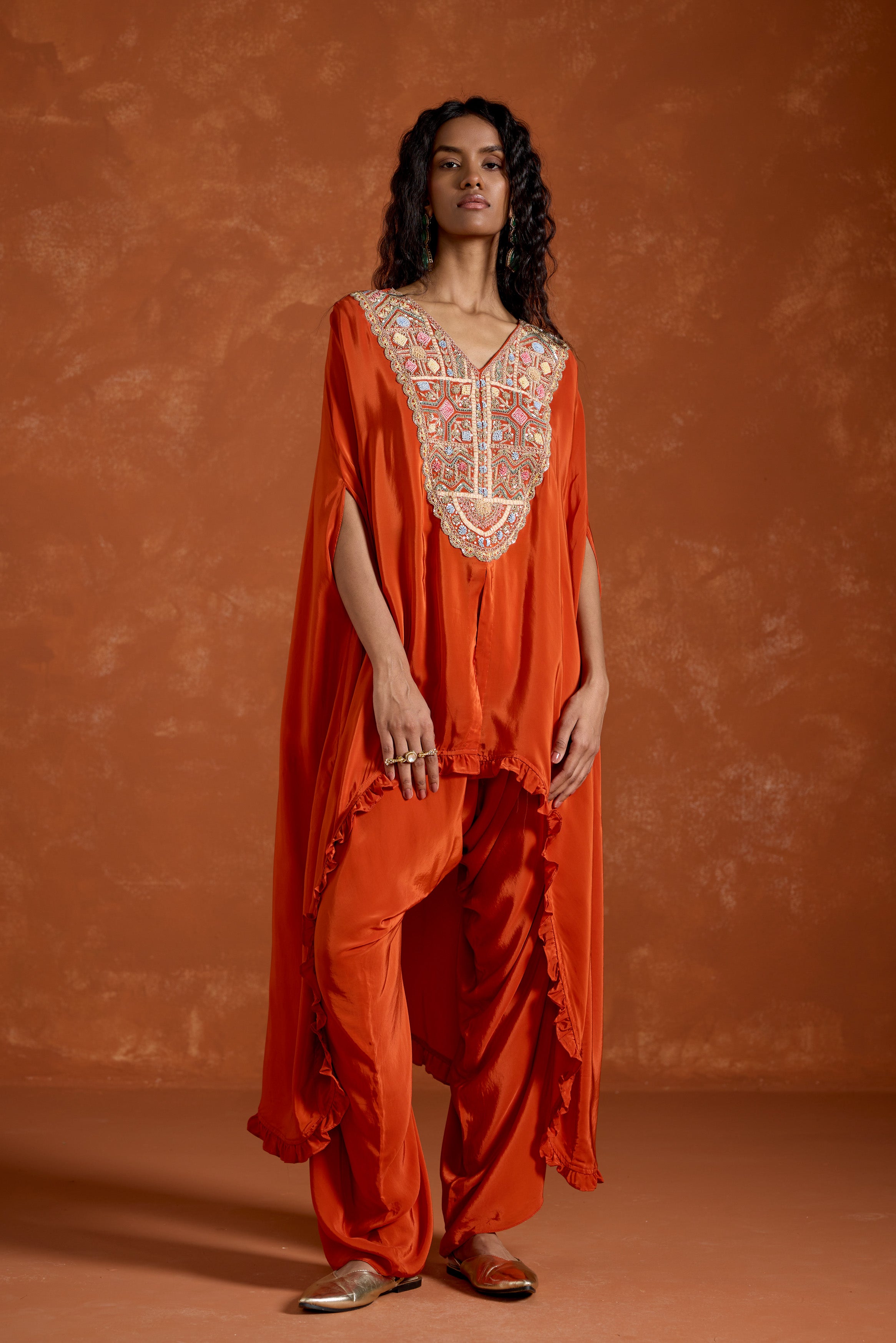 Rust Orange Embellished Satin Silk Kaftan Set