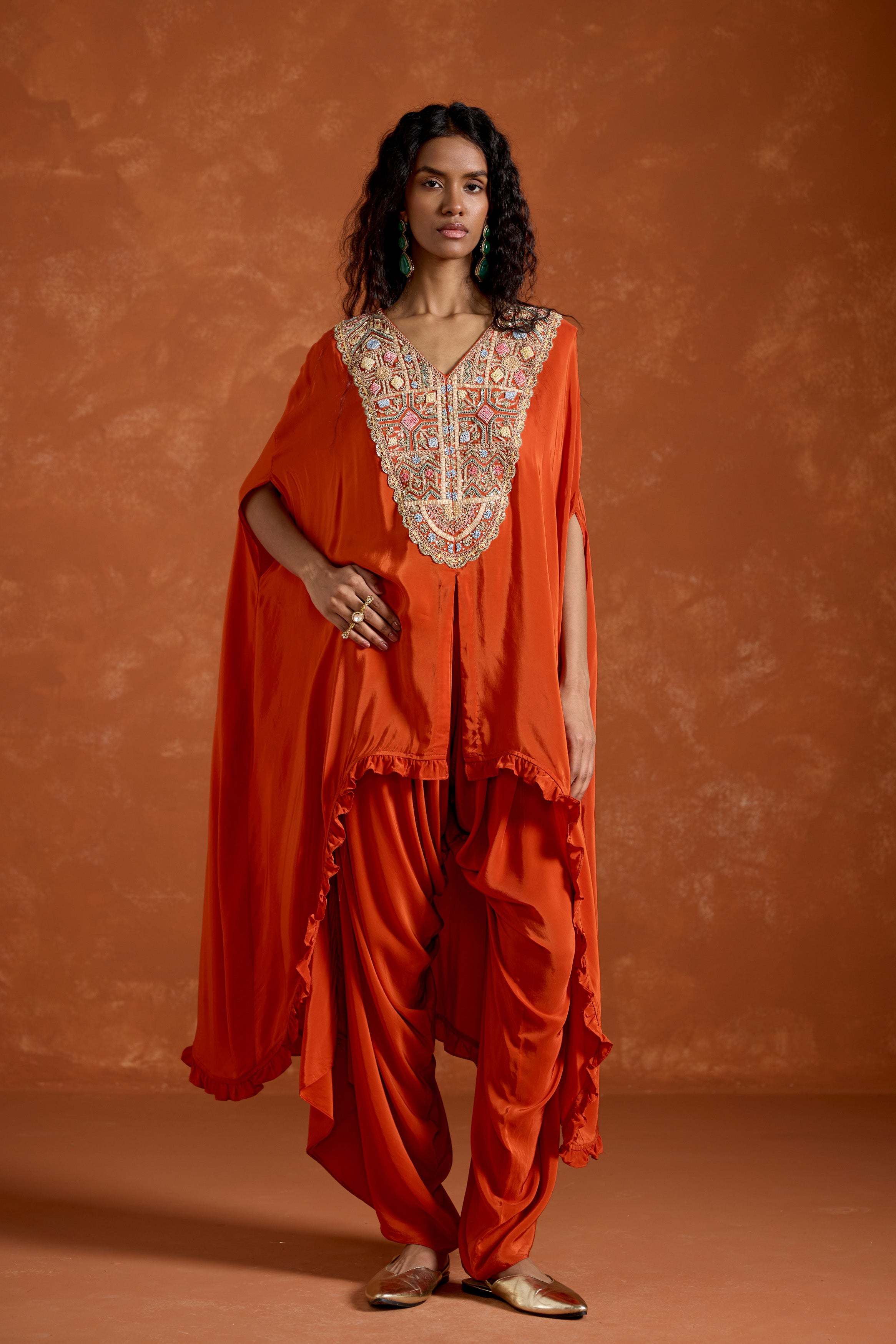 Rust Orange Embellished Satin Silk Kaftan Set