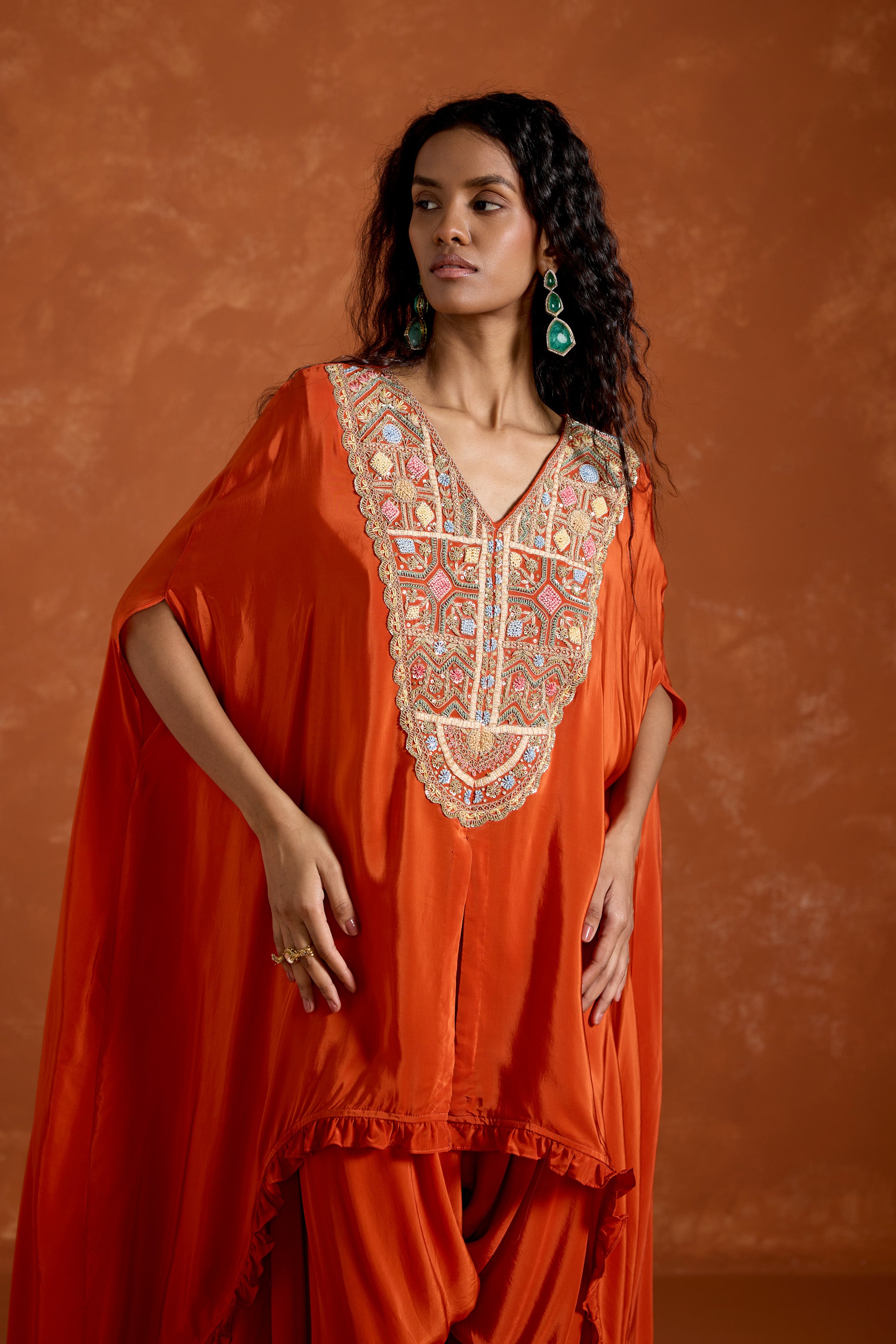 Rust Orange Embellished Satin Silk Kaftan Set