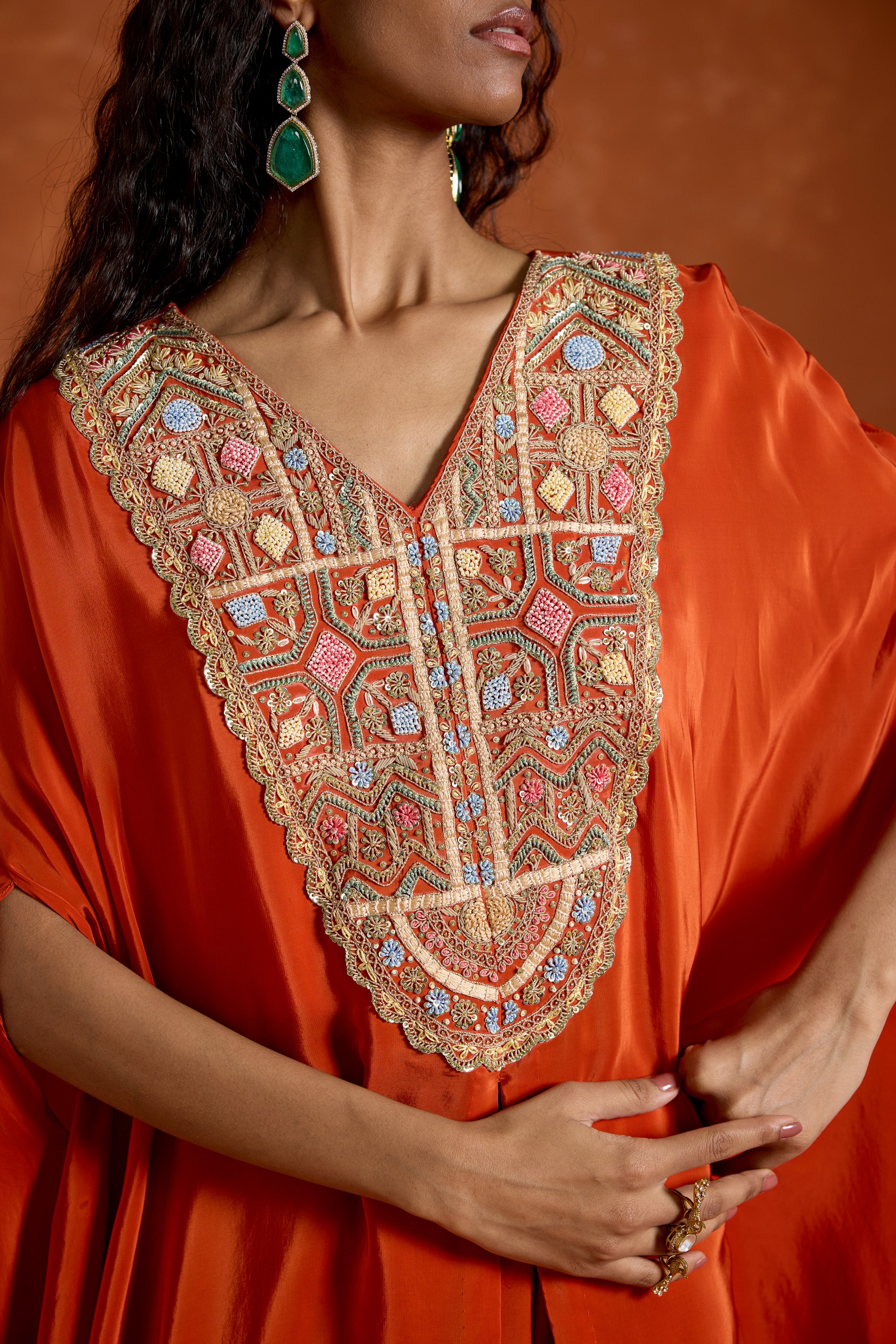 Rust Orange Embellished Satin Silk Kaftan Set