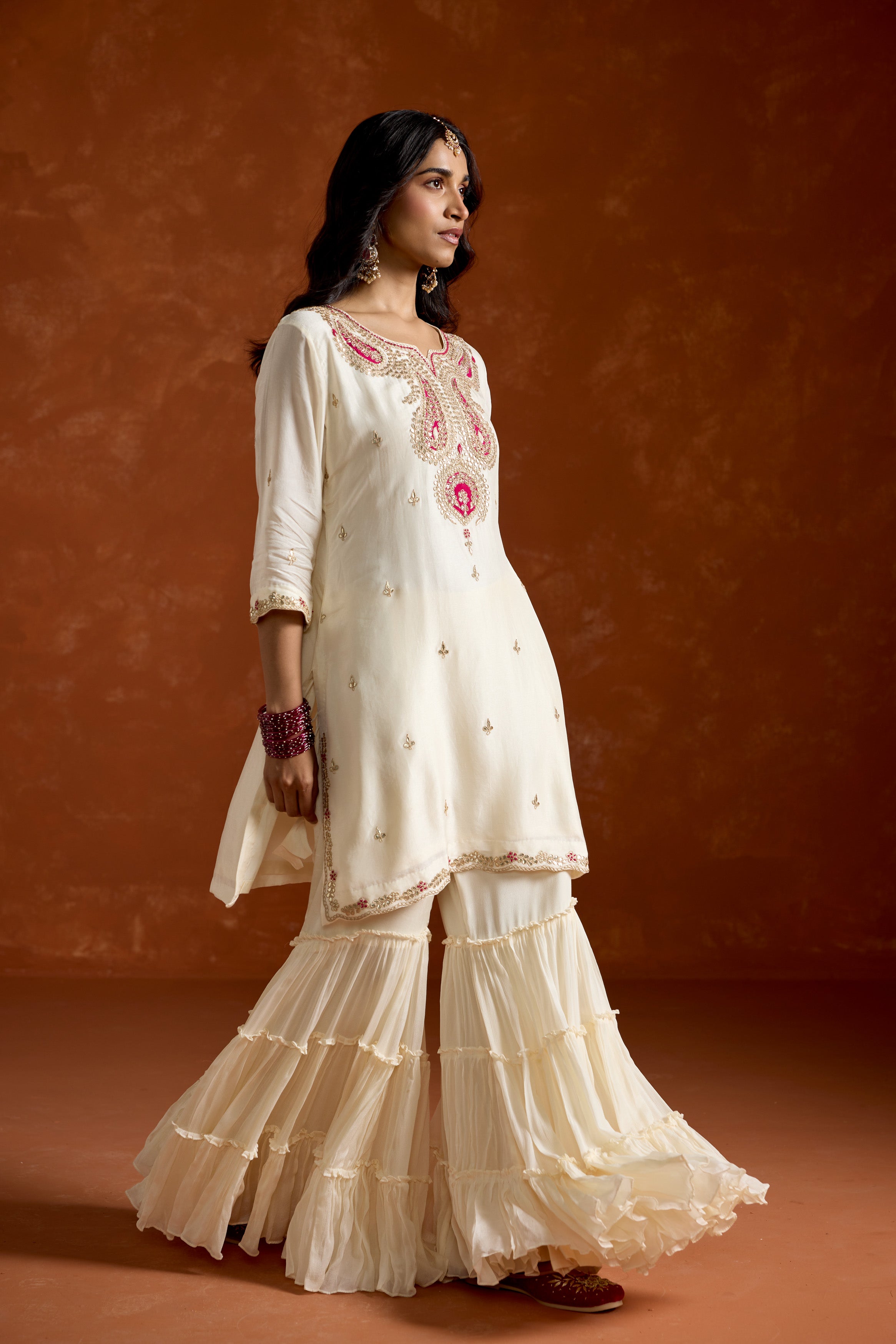 Ivory White Embellished Chinon Silk Palazzo Set
