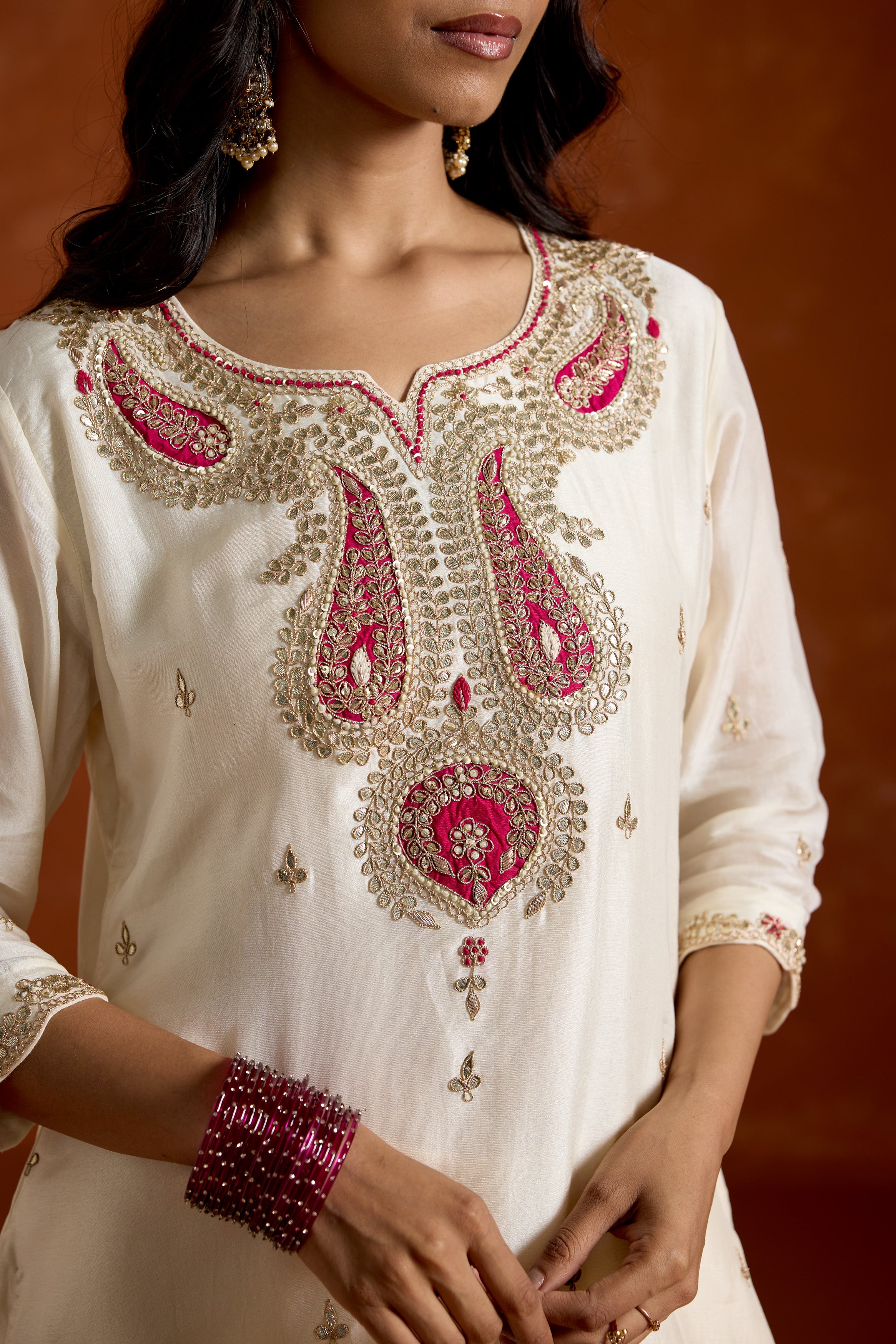 Ivory White Embellished Chinon Silk Palazzo Set