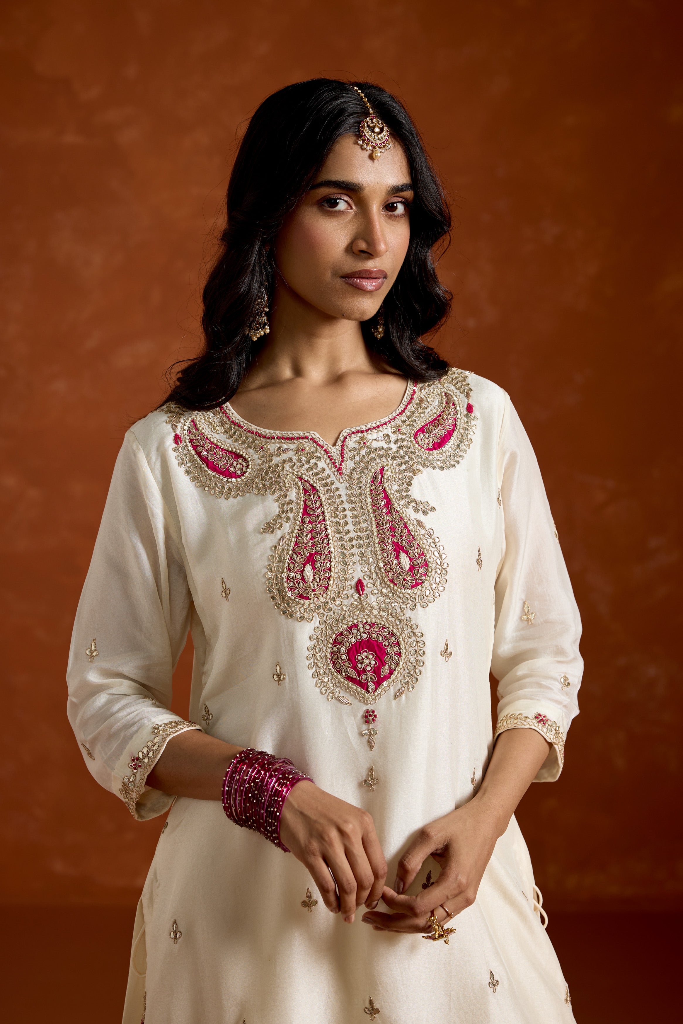 Ivory White Embellished Chinon Silk Palazzo Set